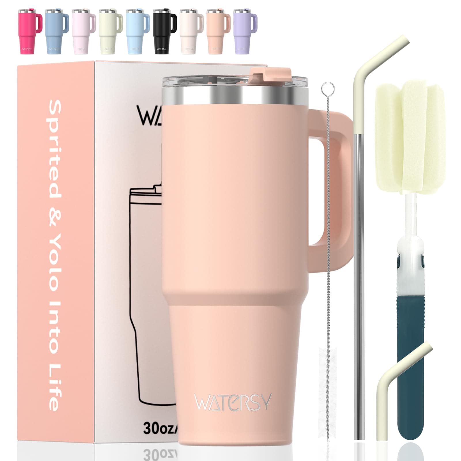 WATERSY 30 oz Tumbler with Handle,Tumbler with Lid and Straw,Double Wall Insulated Cup Stainless Steel Travel Mug(Cold for 34 Hours),Water Bottle for Iced Tea,Coffee,Cold Beverages(Pink)