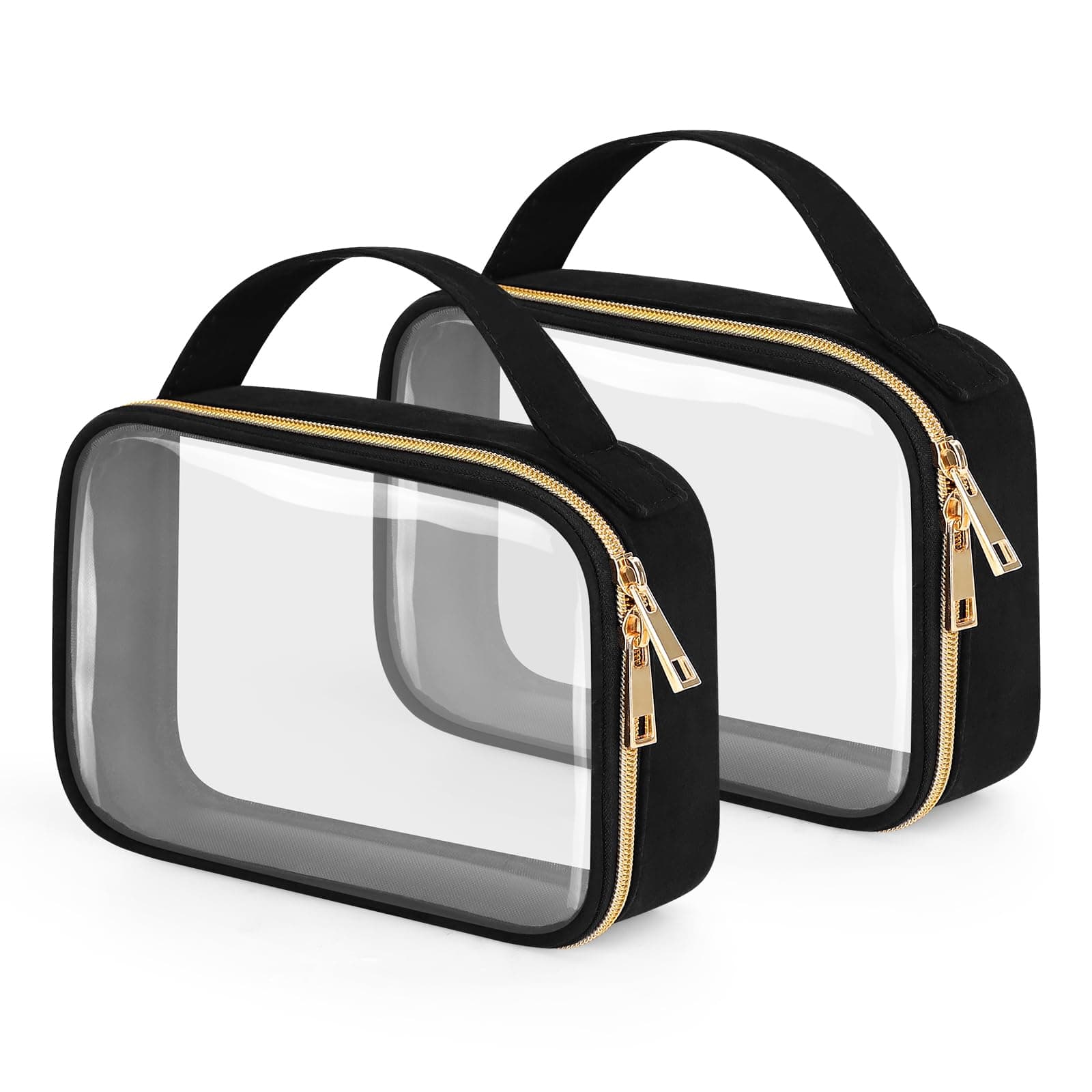 Wedama Clear Toiletry Bag, 2 Pack Clear Makeup Bags with Handles, Large Travel Bags PVC Clear Cosmetic Bags for Women and Men, Carry on Airport Airline Compliant Bag, Black