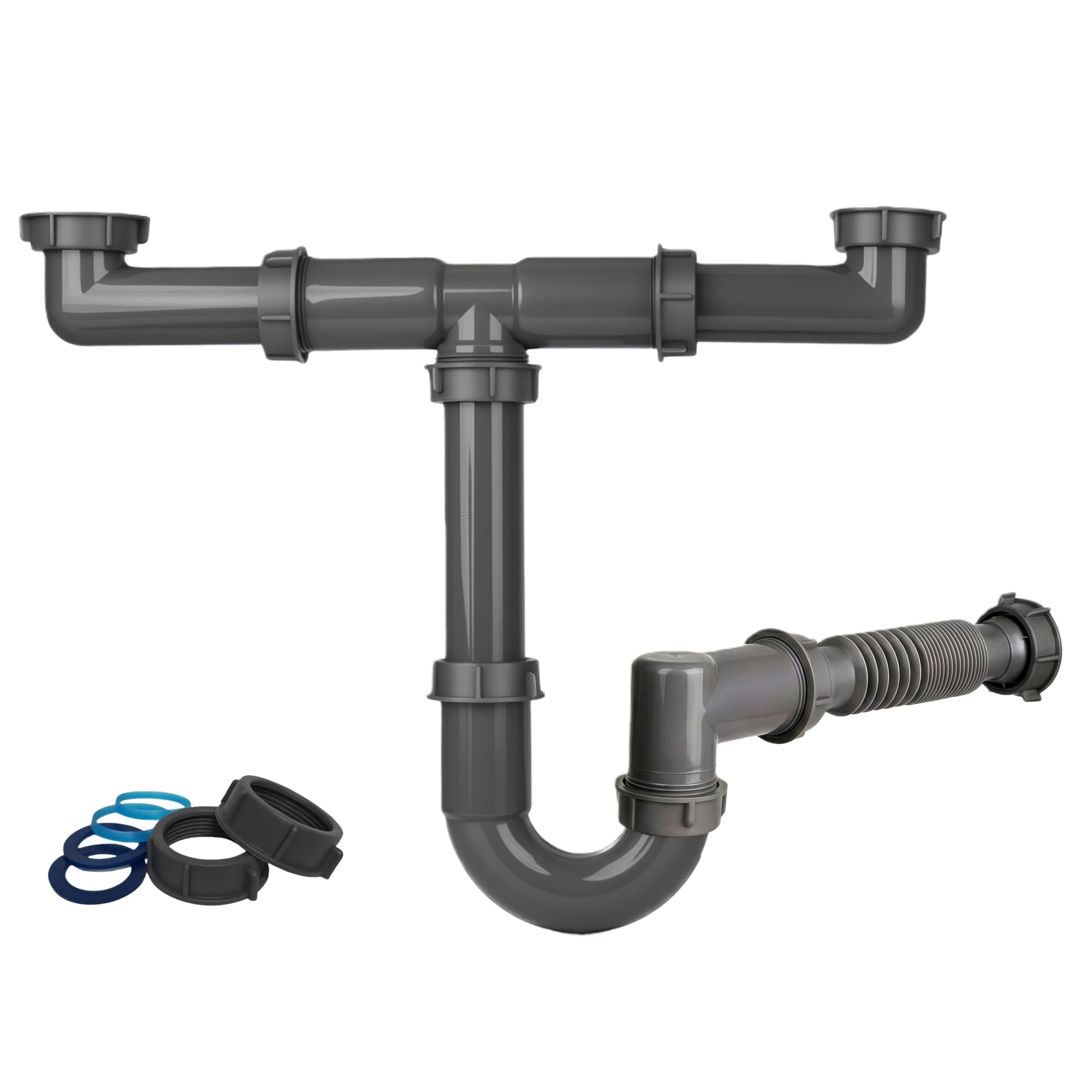 COLDDD 1-1/2 Inch Double Bowl Kitchen Sink Drain Kit - Universal Flexible P-Trap Pipe with Expandable Tailpiece (Wall & Floor Drain Compatible), Complete Plumbing Replacement Kit for 15"-24" Spacing