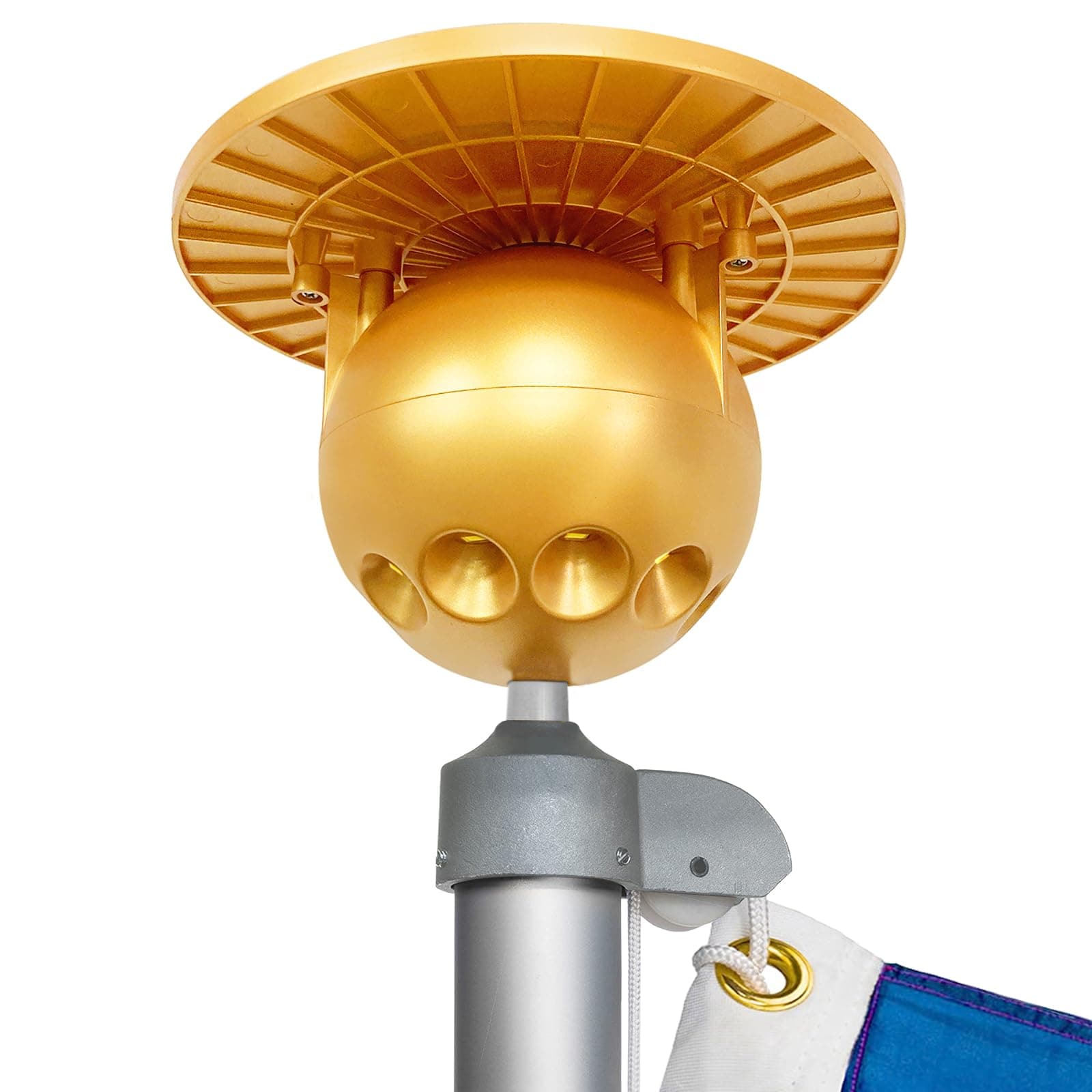 Flag Pole Light Solar Powered, Solar Flag Pole Light LEDs, 1300lm Spherical Flagpole Light,100% Flag Coverage for Most Outdoor 15 to 25 Ft Flag Poles, 0.55" Wide Flag Ornament Spindles, Golden