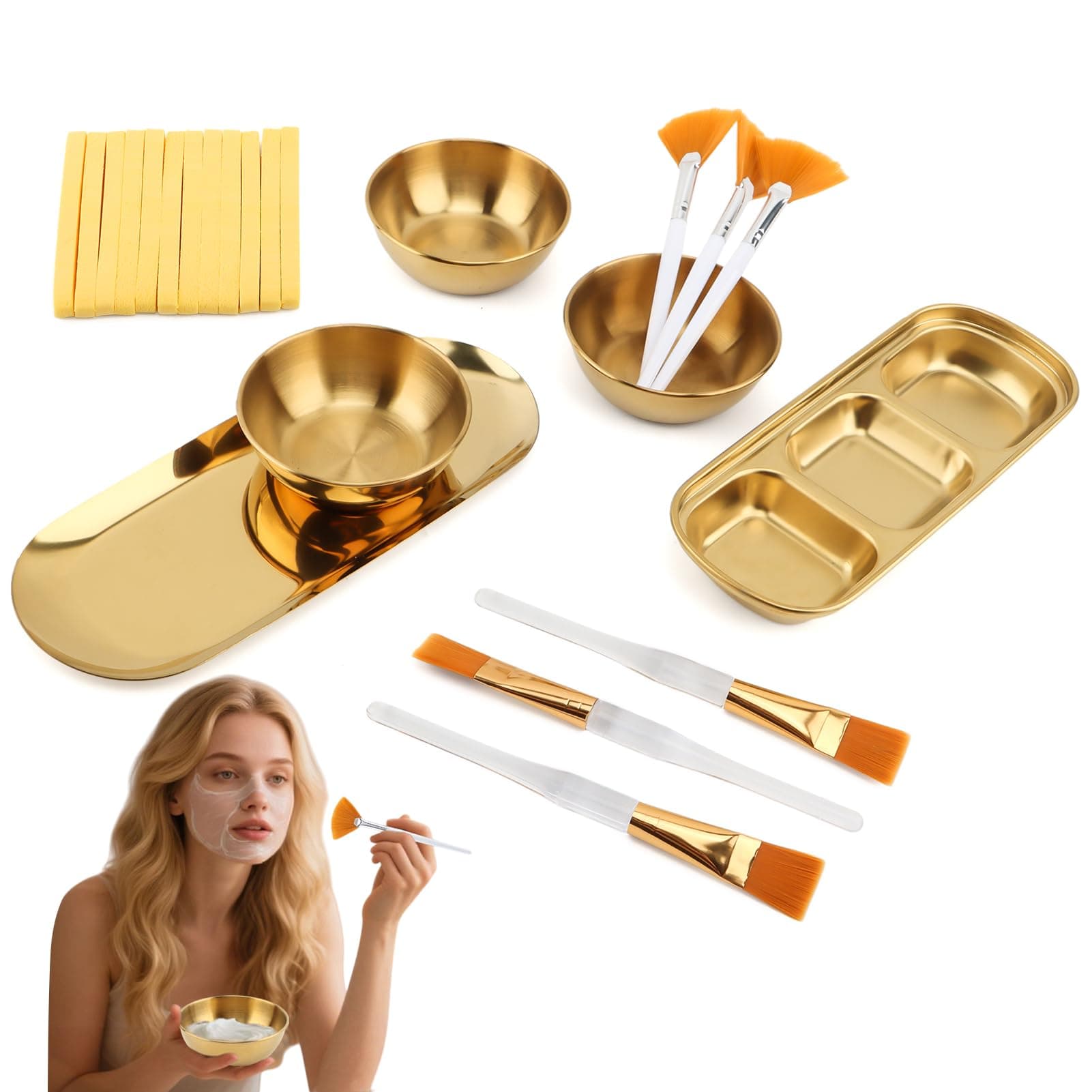 23 Pcs Esthetician Supplies 3 Stainless Steel Gold Mixing Bowls, Gold Small Serving Tray, Compartment Serving Tray, 3Facial Fan Brushes 3 Face Mask Applicator Brush