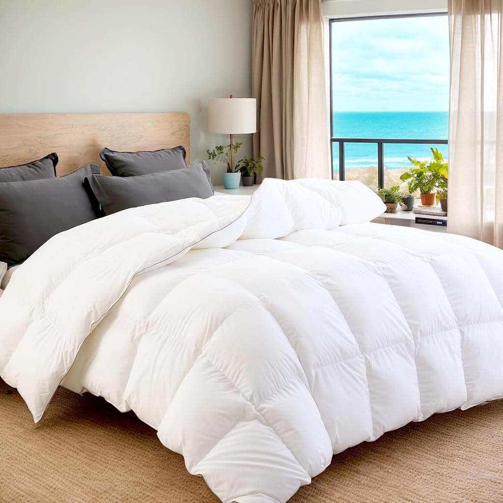 Luxury Goose Down Comforter Queen Size 100% Organic Cotton Shell Goose Feather Duvet,Filled with Feather and Down Fiber 100 OZ - All Season White Duvet Insert-750 Fill Power- 8 Corner Tabs