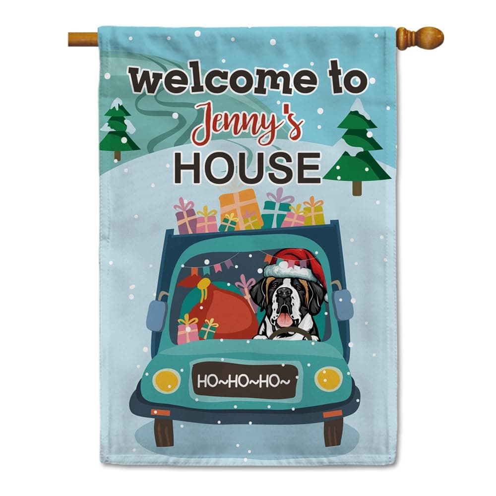 MALIHONG Personalized Winter Holiday House Flag Welcome to Saint Bernard Dog House Flag Chrismtas Decor Large Flag Outdoor Yard Farmhouse Decor 28x40 Inch Double Sided