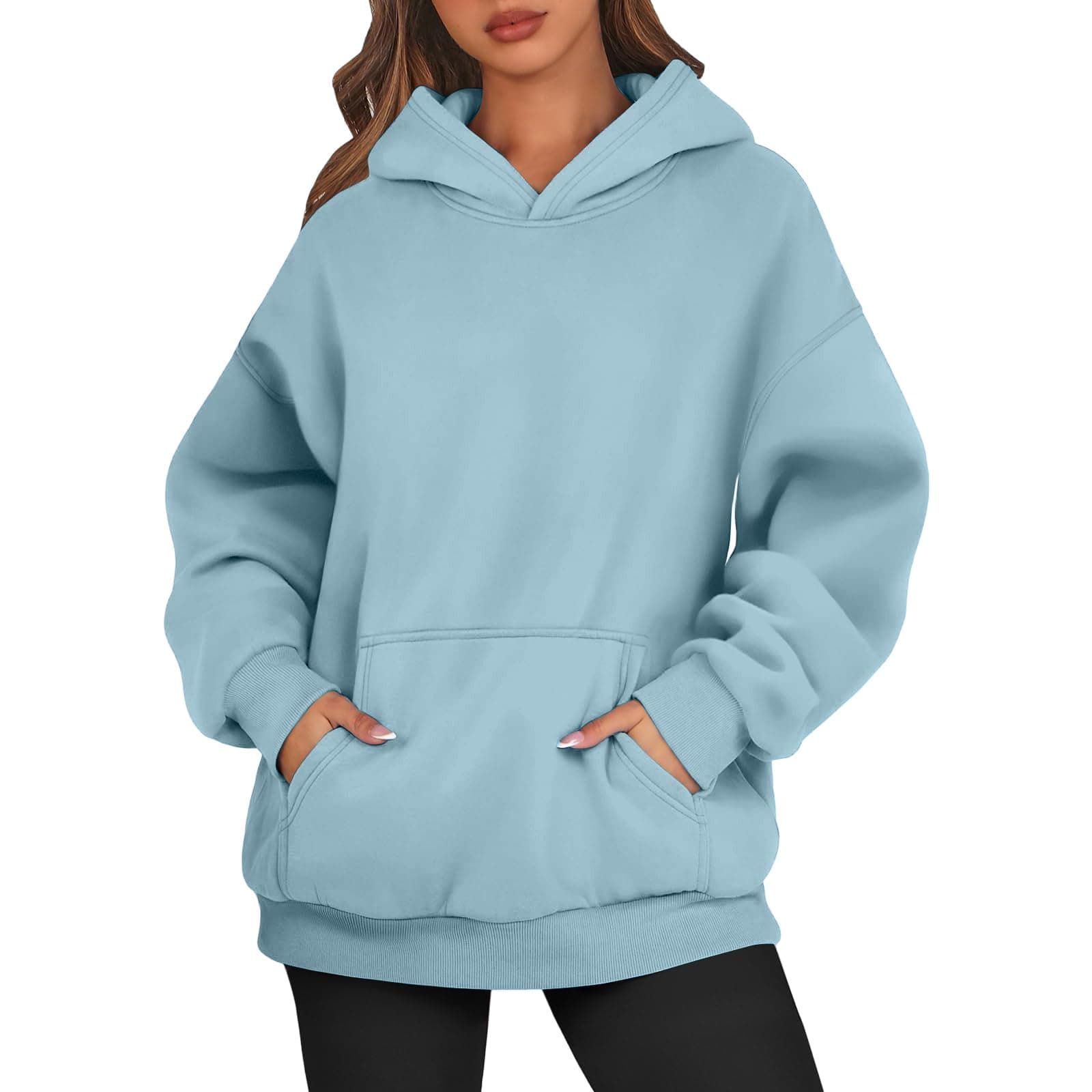LAYHTKTL Womens Hoodie Plus Size Comfort Fleece Plain Pullover Hoodies For Women Oversized Cute Womens Sweatshirts With Pockets Long Sleeve Winter Clothes For Women Blue XXXL