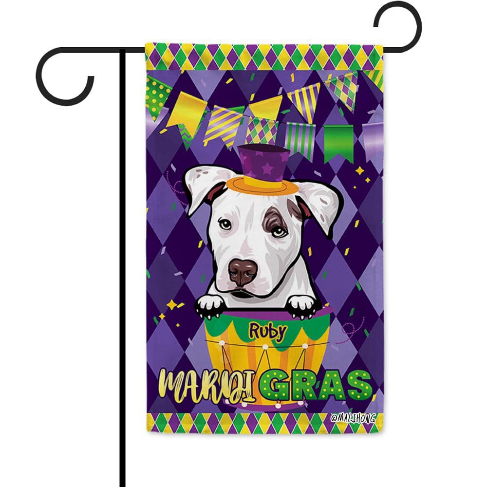 MALIHONG Personalized Mardi Gras Flag Happy Carnival Decor Happy Pit Bull Puppy New Orleans Carnival Celebration Small Flag 12.5x18 Inch Vertical Double Sided Outdoor Yard Decoration