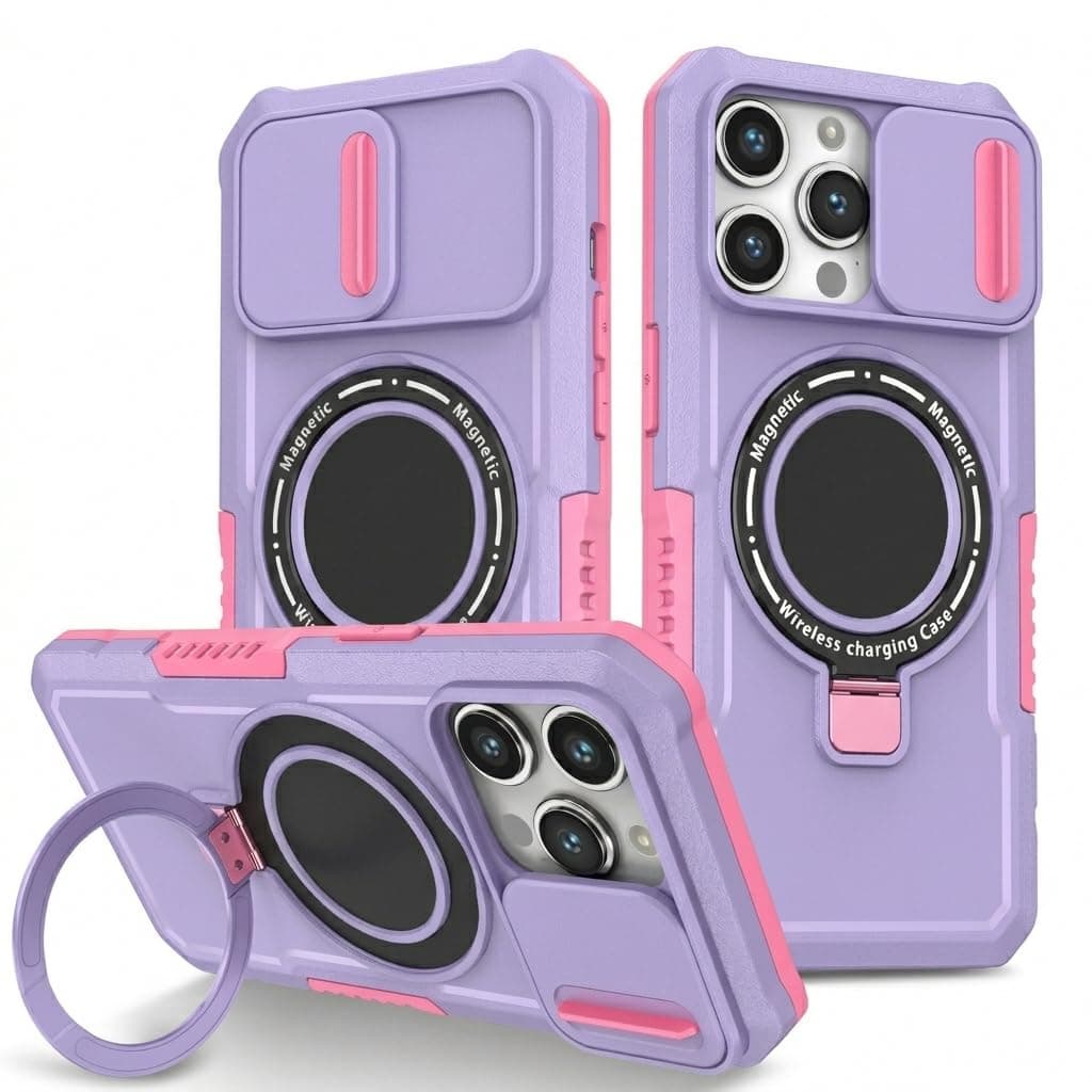 Magnetic for iPhone 17 Pro Max Case, with Slide Camera Cover Screen Protector [Military Grade 16ft. Drop Tested] Ring Holder Kickstand Protective Phone Case (Lilac/Pink,iPhone 17 Pro Max)