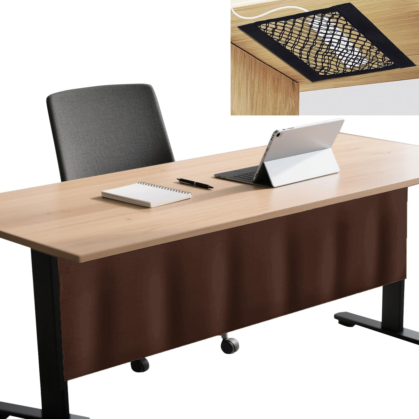 Icegrey 80" Under Desk Privacy Panel with Cable Management Organizer Net Self-Adhesive Modesty Panel for Cord Organizer Pockets and Desk Skirt for Home Office or Standing Workstation, Dark Brown
