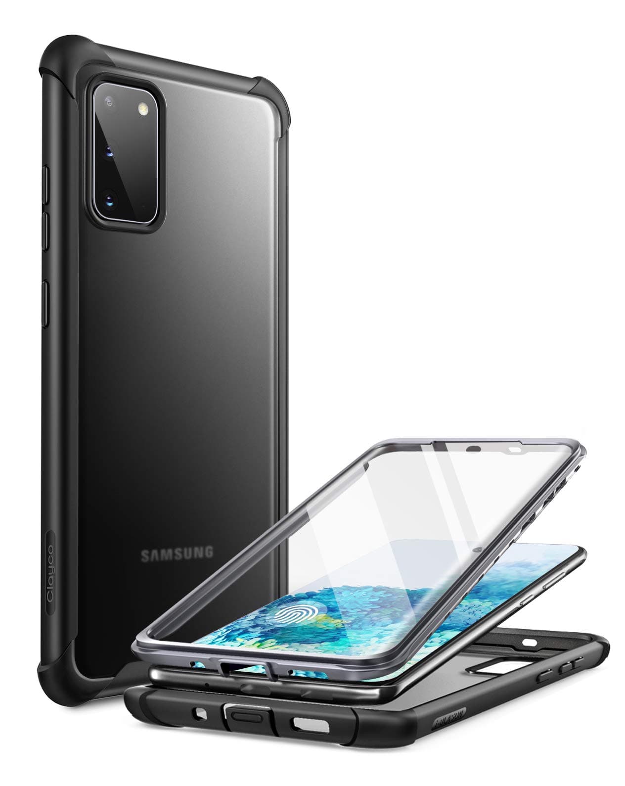 Clayco Samsung Galaxy S20 Case [Forza Series] Full Body Protection Shockproof with Built-in Screen Protector Fingerprint Sensor Compatible for Galaxy S20 5G 6.2 Inch (Black)