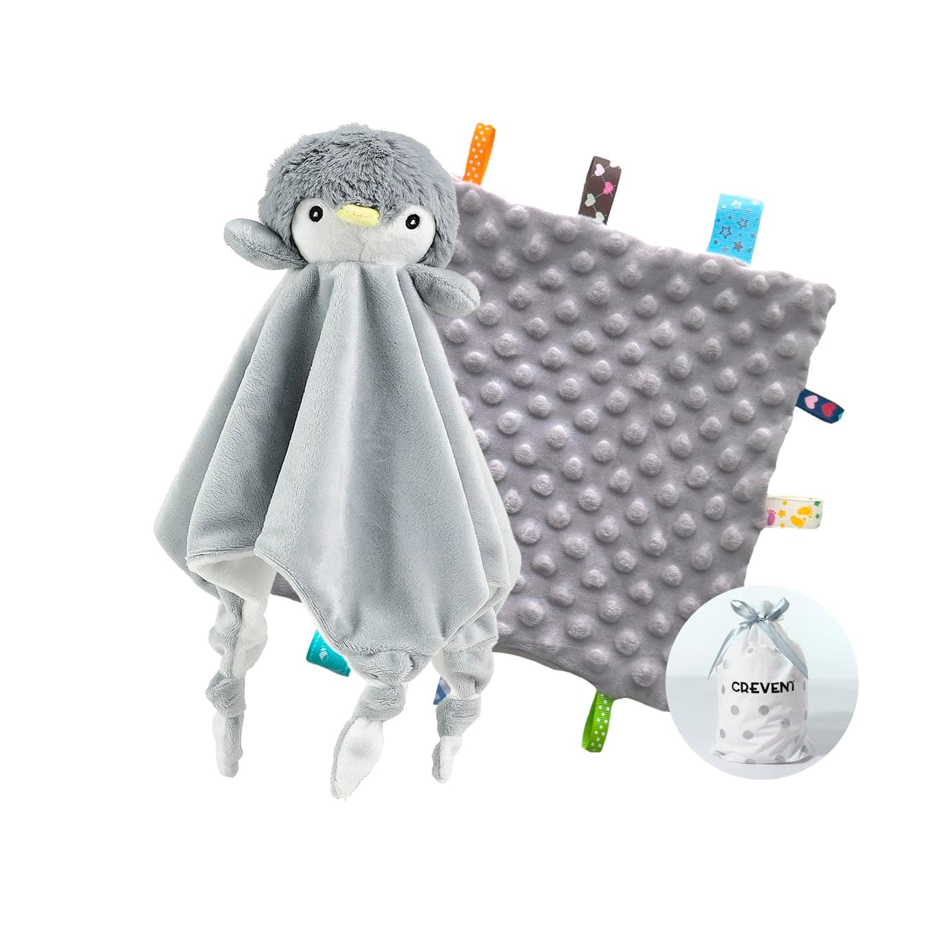 CREVENT Cozy Plush Baby Security Blanket, Loveys for Baby Girls and Boys, Birthday (Penguin + Tag)