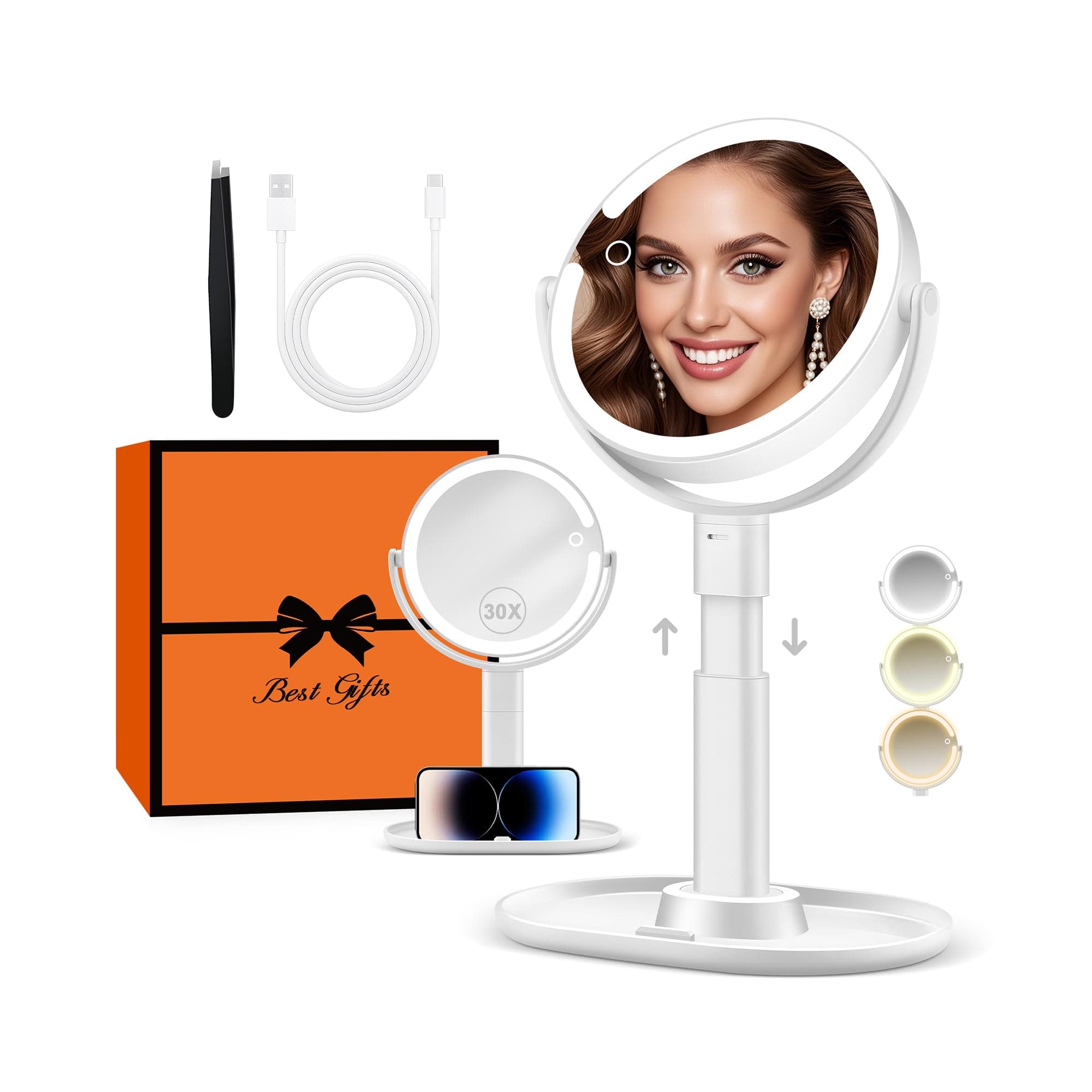 B Beauty Planet Makeup Mirror with Lights, Lighted Magnifying Mirror 30X with 3 Lighting and Adjustable Brightness, 2-Sided Height Adjustable Vanity Mirror for Bathroom, Women Gifts for Mom