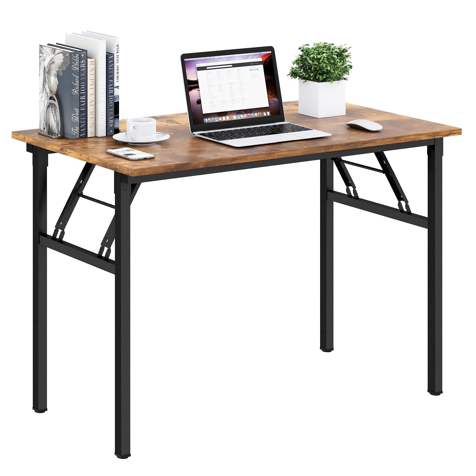 Need Folding Desk for Home Office 39-3/8 inch Length Modern Folding Table Computer Desk No Install Needed Rustic Brown Desktop Black Frame AC5FB(100 * 60)