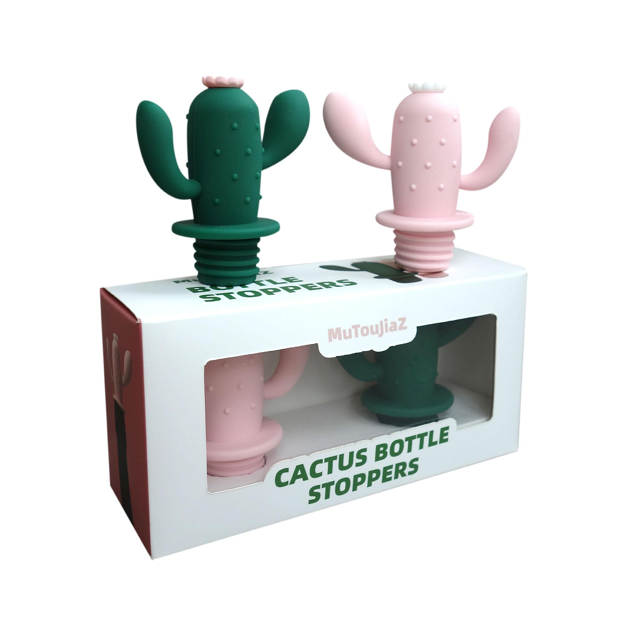 MuTouJiaZ Premium-Quality Silicone Wine Stopper and Champagne Bottle Stoppers for Beverage Storage,Cactus Stoppers Reusable ABS and Rubber Beer Bottle Savers, Set of 2.(pink+green, 2)