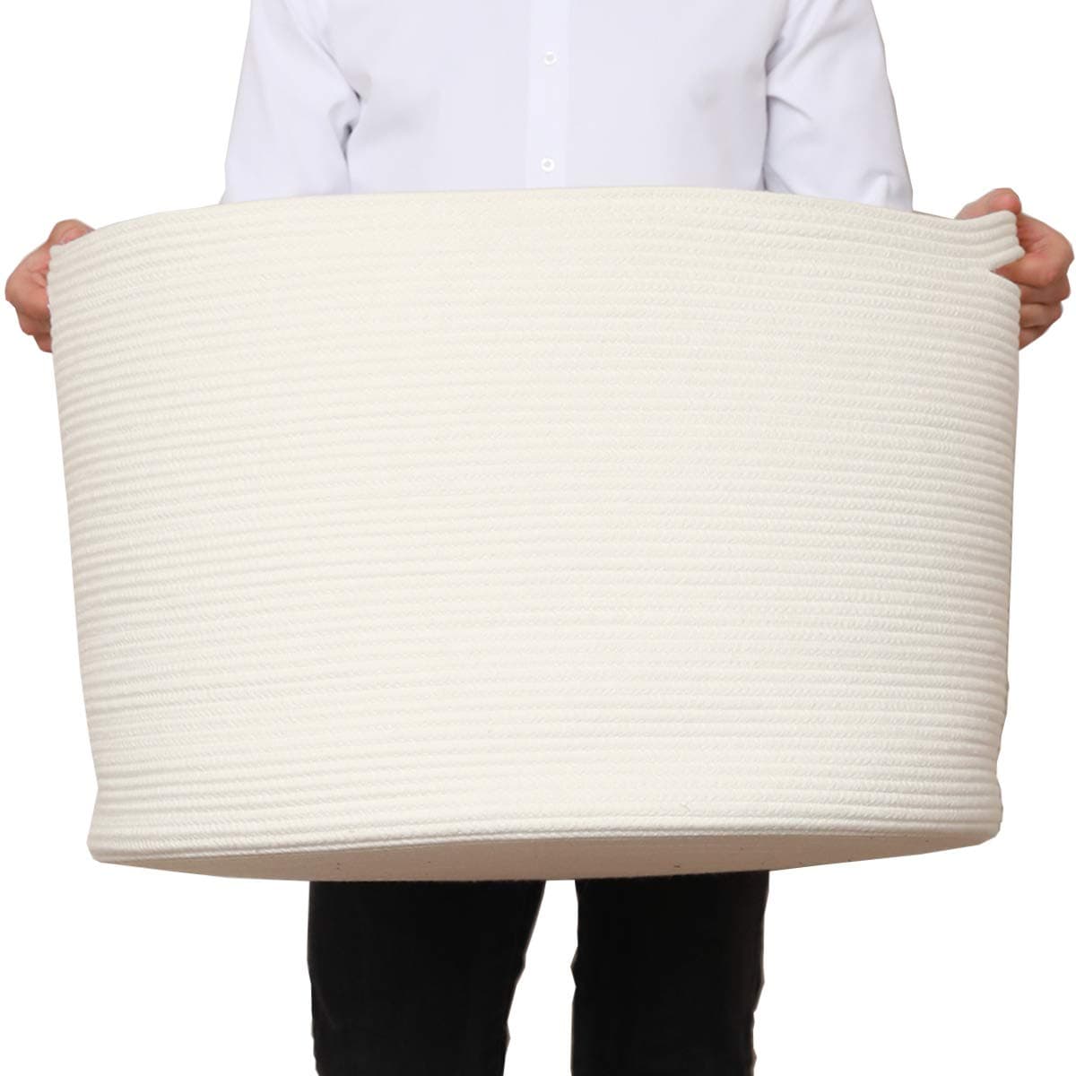 24" x 24" x 17" Max Size Large Cotton Rope Basket, Extra Large Storage Basket, Woven Laundry Hamper, Cloth Storage Bin, for Blankets Clothes Towels Pillows in Living Room, All White