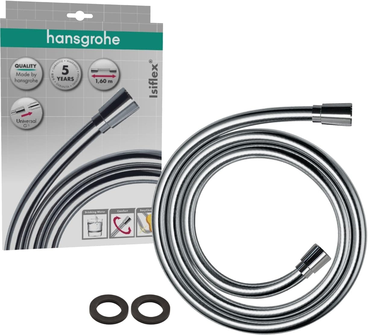 hansgrohe Isiflex - Tubo flessibile doccia 1,60 m con protezione antitorsione e antipiega, incl. guarnizioni cromo, 28276000