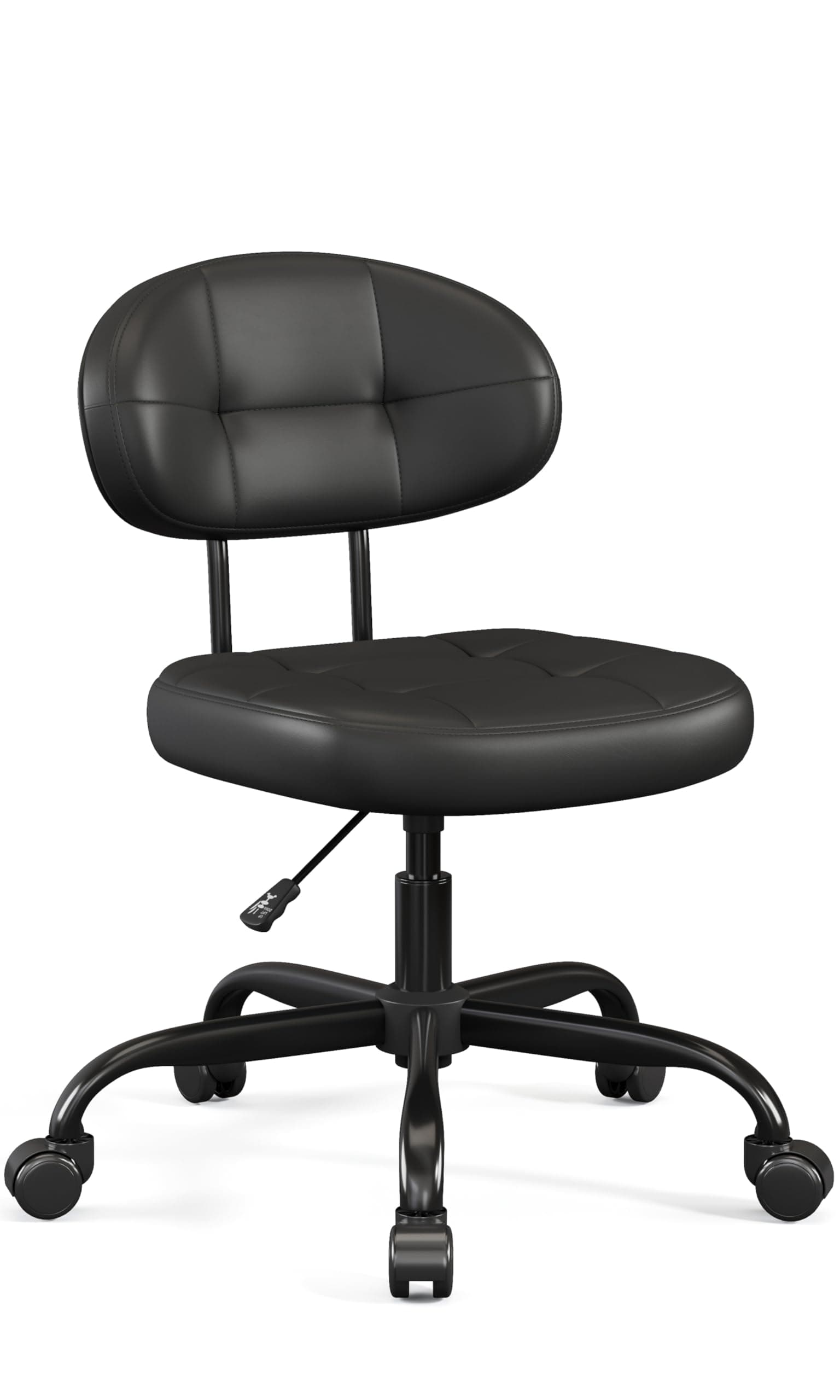 Misolant Vanity Chair with back, Small Armless Cute office Chair with wheels and Lumbar support, Comfy PU Leather Desk Computer Chairs with Adjustable Height, 360°Swivel for Home Bedroom Office, Black
