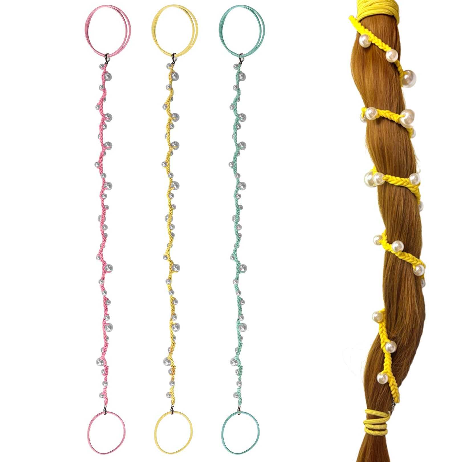 Cute Pearl Hair Ties for Women Hand Braided Sport Ponytail Holders Long Pony Tail Wrap for Workouts, Daily Use, Beach,Swim,Surf,Diving Tangle Free Hair Accessories -25" 3 Packs,Yellow/Pink/Green