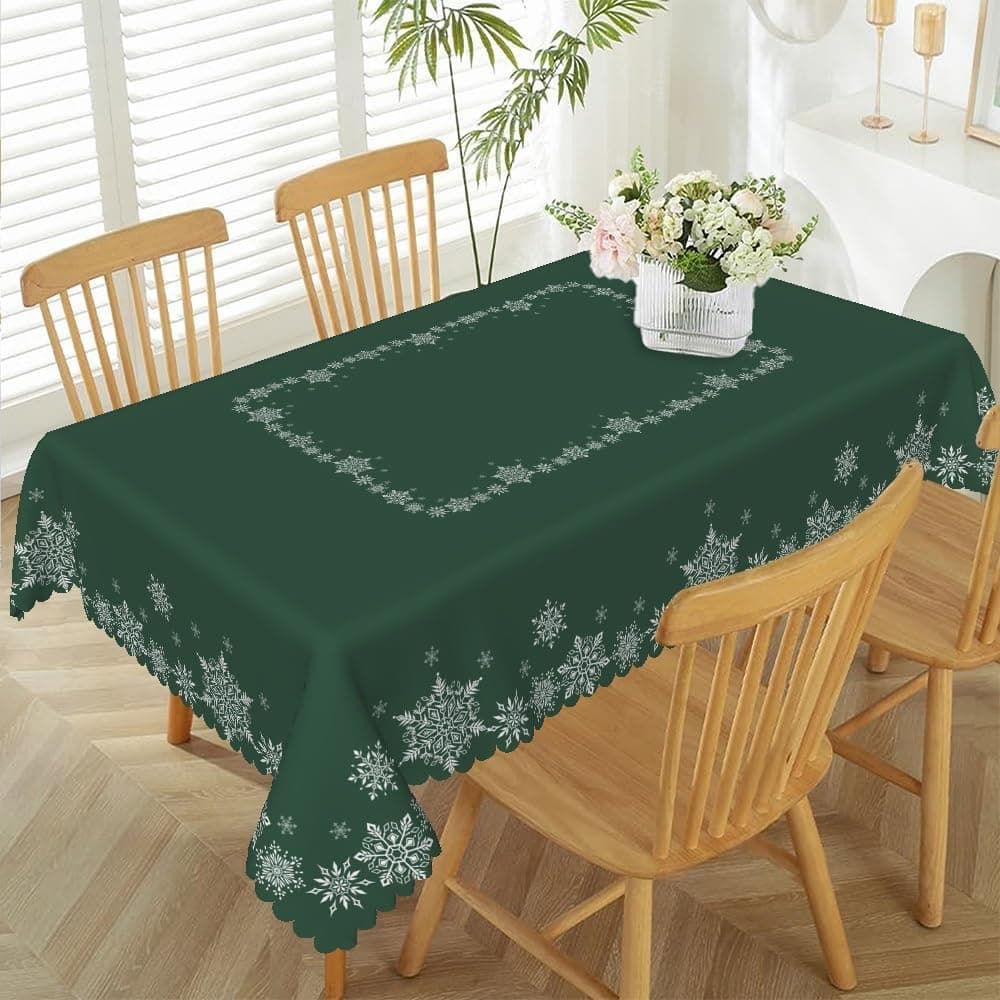 TTQYFNM 54x78inches Christmas Tablecloth Green and White Snowflakes Decorative Table Cloth Washable Wrinkle Resistant Fabric Table Cover for Kitchen Dining Winter Holiday Xmas New Year Party Decor