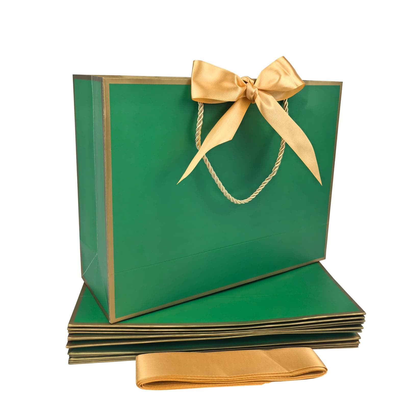 TKSBAG 12PCS Gift Bags Medium Size with Handles, 12.5 x 9.8 x 4.3 In Green Gold Thank You Bags with Bow Ribbon for Wedding, Birthday, bridesmaid, Party Favors, Thanksgiving, Christmas