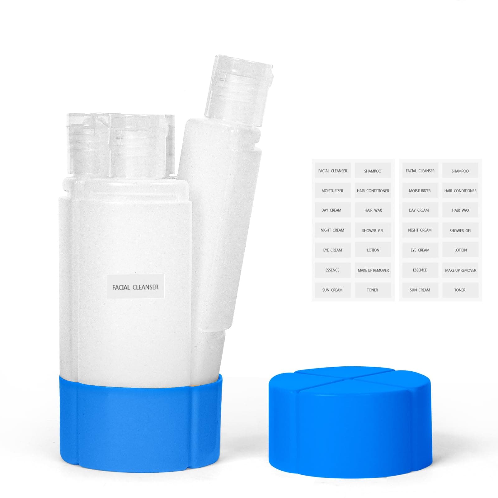 Olatay Travel Bottle, TSA approved 4-in-1 Leak-Proof Bottle, 4 * 60ml/2oz, with 2 Pre-printed Labels for Travel Gym Camping, Carry-On Travel Size Toiletries Shampoo Lotion Bottle for Women Men(Blue)