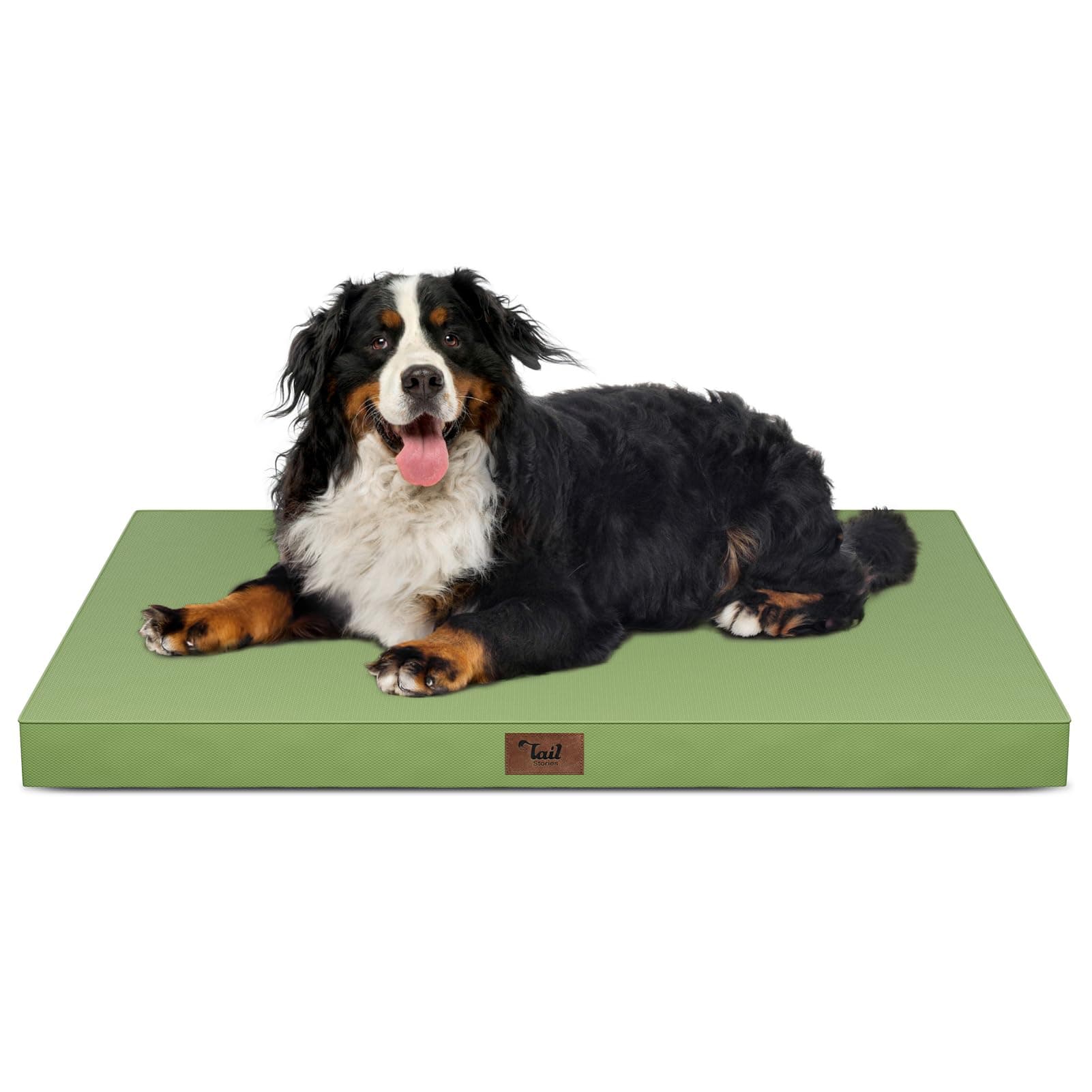 Tail Stories Outdoor Extra Large Dog Crate Bed, Big Waterproof Dog Bed for Large Dogs, Orthopedic Egg Foam Pet Bed Mat with Removable Cooling Cover, Light Green
