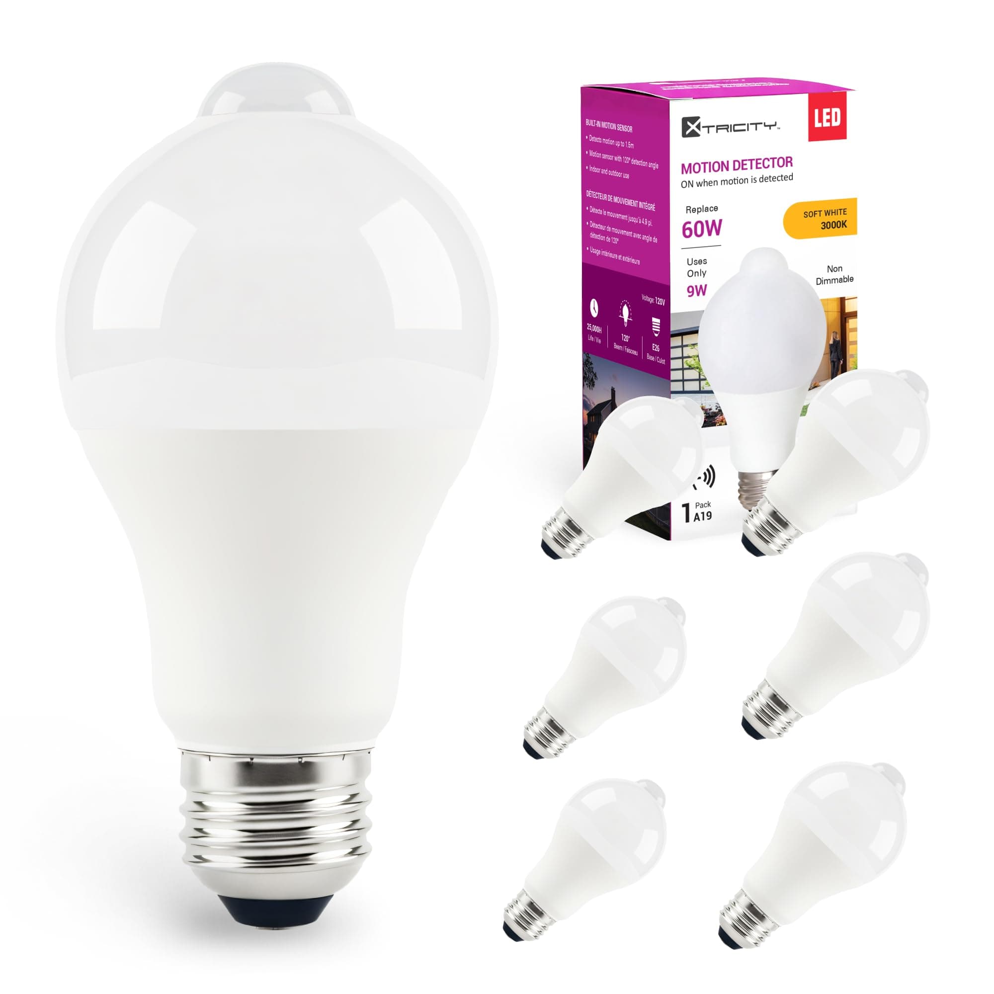 Xtricity Motion Sensor Light Bulb, 9W (60W Eqv), Dusk to Dawn A19 LED Bulb