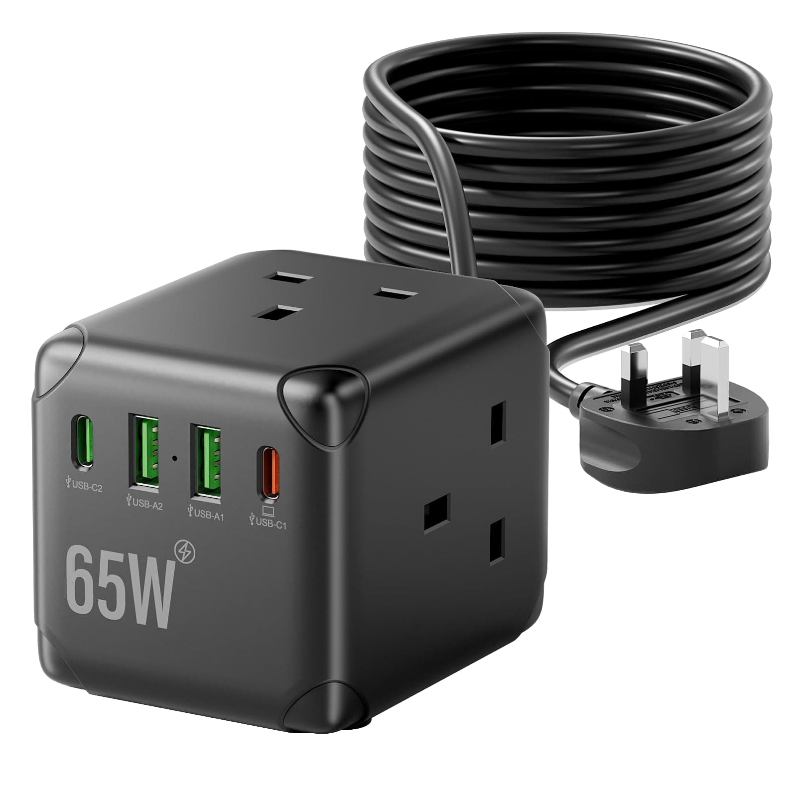 5M Cube Extension Lead with USB C Slots PD65W, 3 Way Multi Plug Power Strip with Switch, Overload Protection Extension Cable with 4 USB Ports(2 Type-C), Long Extension Lead for Office, Home, black