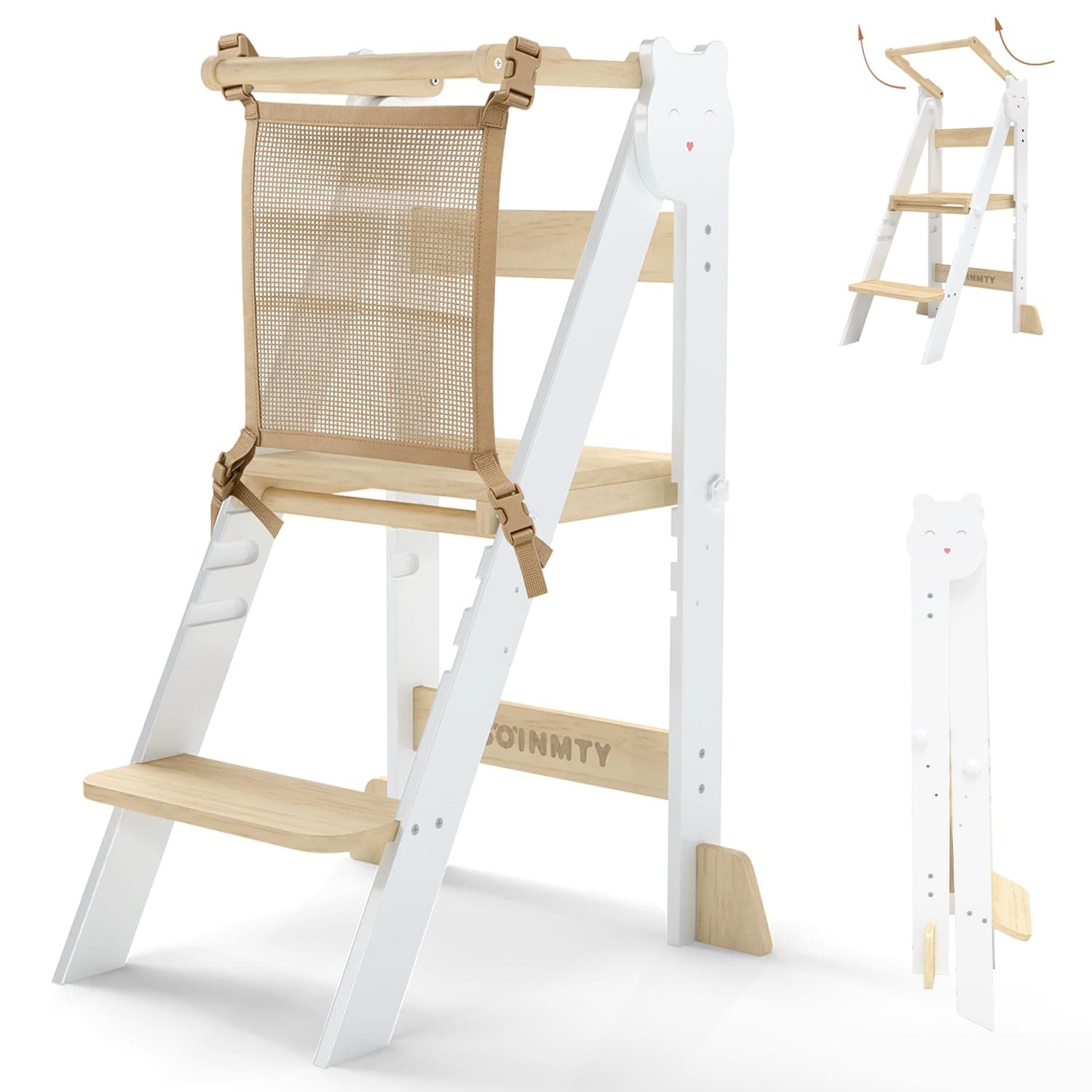 SOINMTY Toddler Tower, Foldable Toddler Kitchen Stool Helper with 3 Adjustable Heights, White