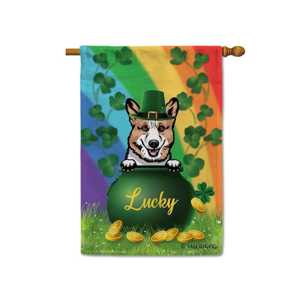 MALIHONG Happy St.Patrick's Day House Flag Cute Peeking Dog Pembroke Welsh Corgi Shamrock Golden Coin Rainbow Lucky Banner for Home Decor 28x40 Inch Printed Double Sided