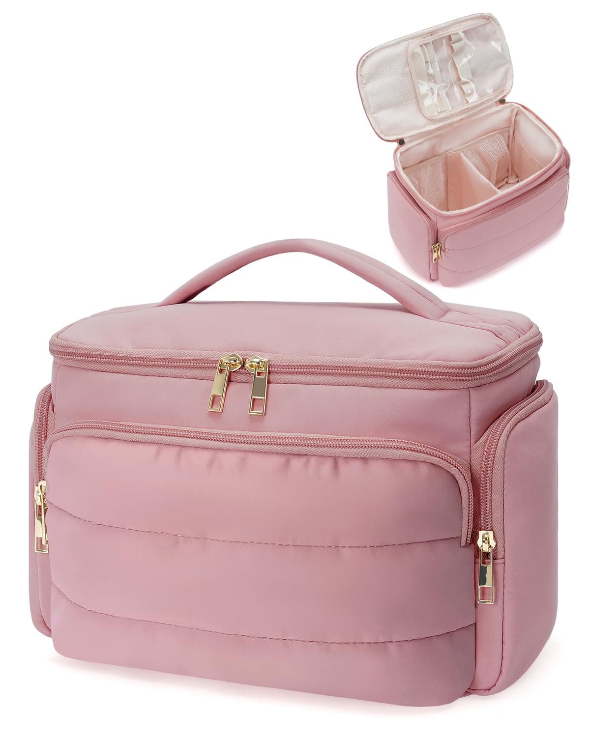 WANDF Travel Toiletry Bag for Women, Wide-Open Large Makeup Bag with Handle, Puffy Makeup Organizer for Toiletries, Cosmetics, Accessories, Essentials (Dusty Pink)