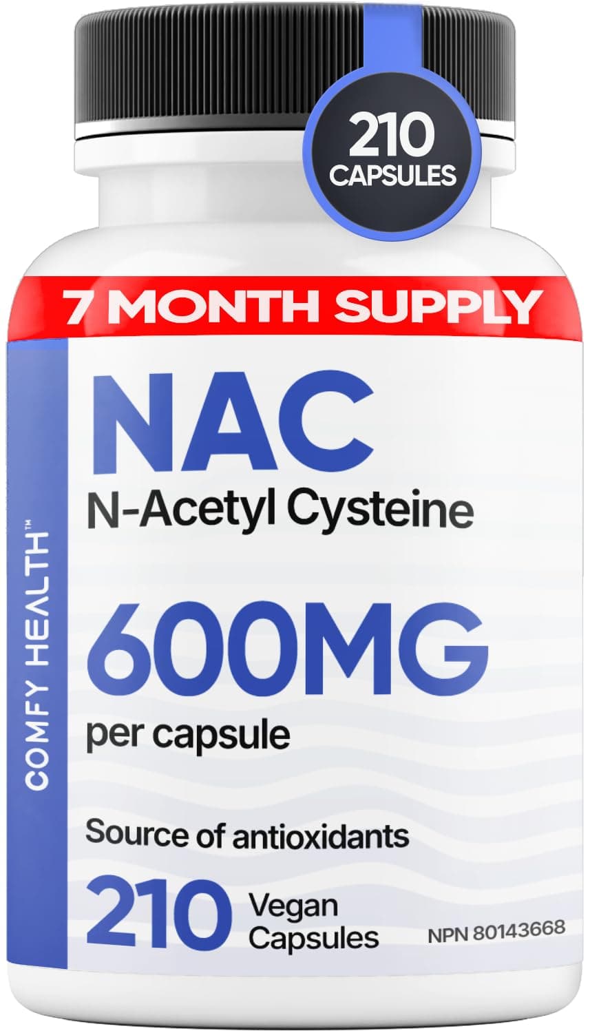 COMFY HEALTH NAC (N-Acetyl-L-Cysteine), 600mg Per Capsule, 210 Capsules - Provides Antioxidants, Supports Gluthione and Liver