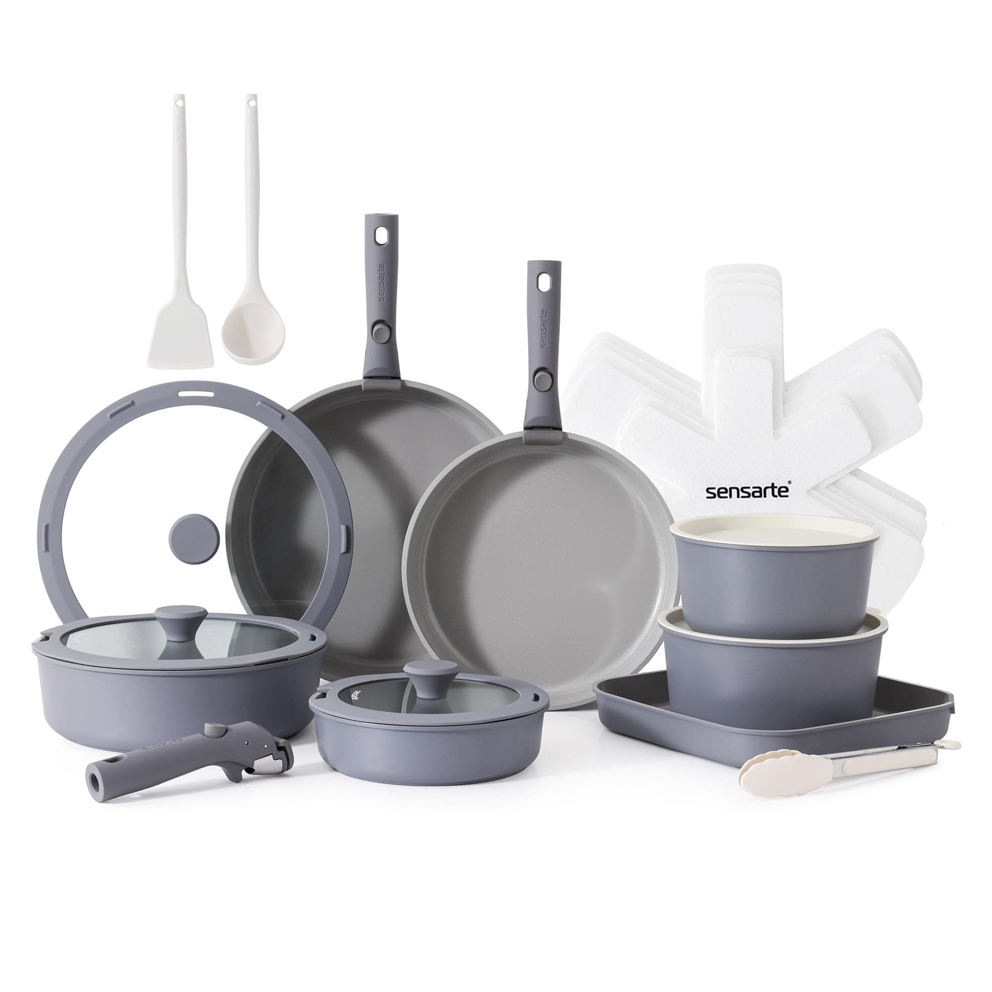 SENSARTE 24 Piece Ceramic Detachable Handle Pots and Pans Set Gray