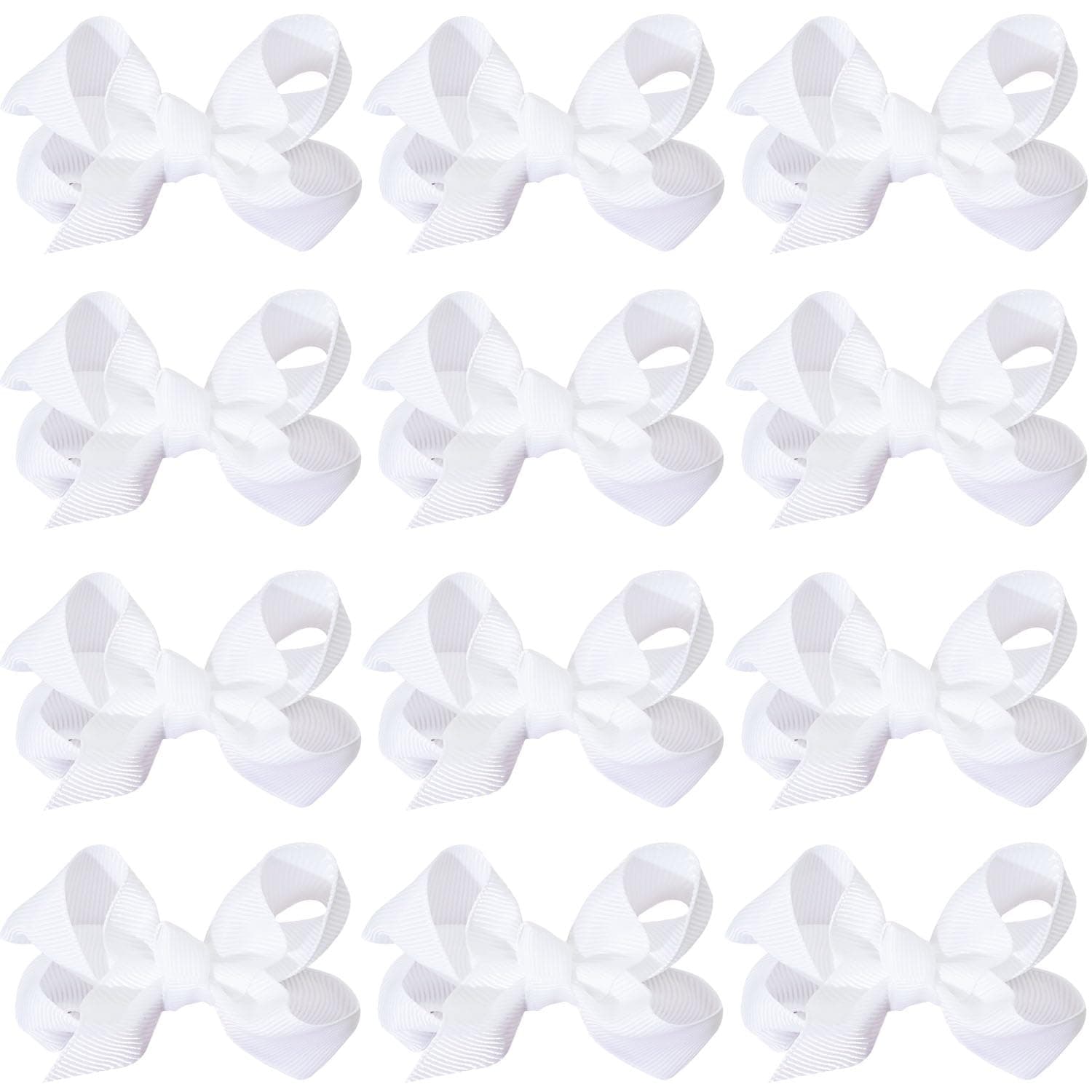12 PCS 3" Hair Bow Clips Grosgrain Ribbon Solid Color Hair Bow With Alligator Clips Hair Accessories for Teen Toddler Little Girls (White)