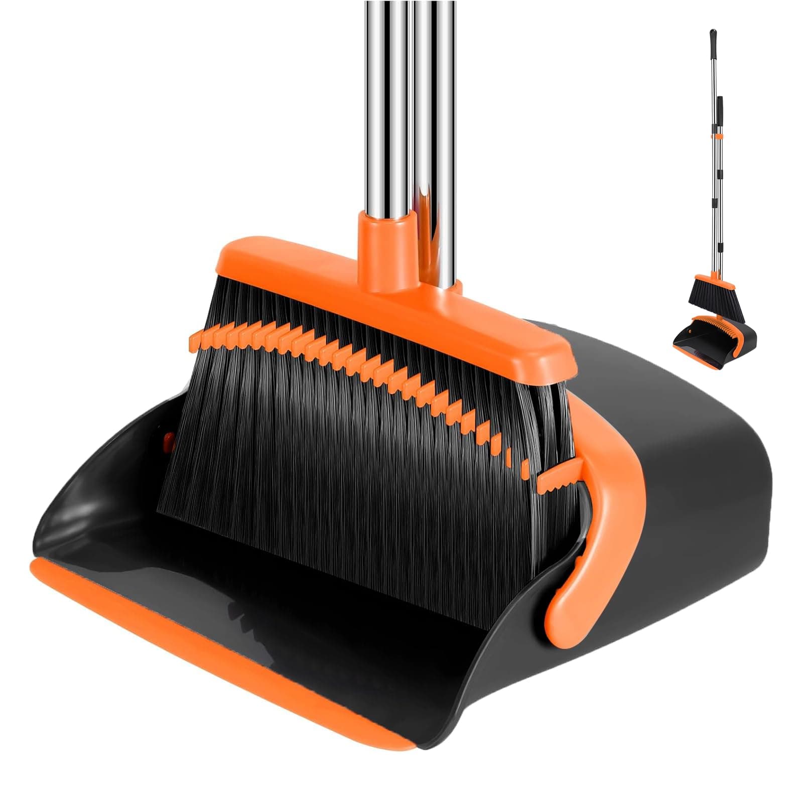 NACENA Broom and Dustpan Set with 52-in Long Adjustable Handle,Black Orange