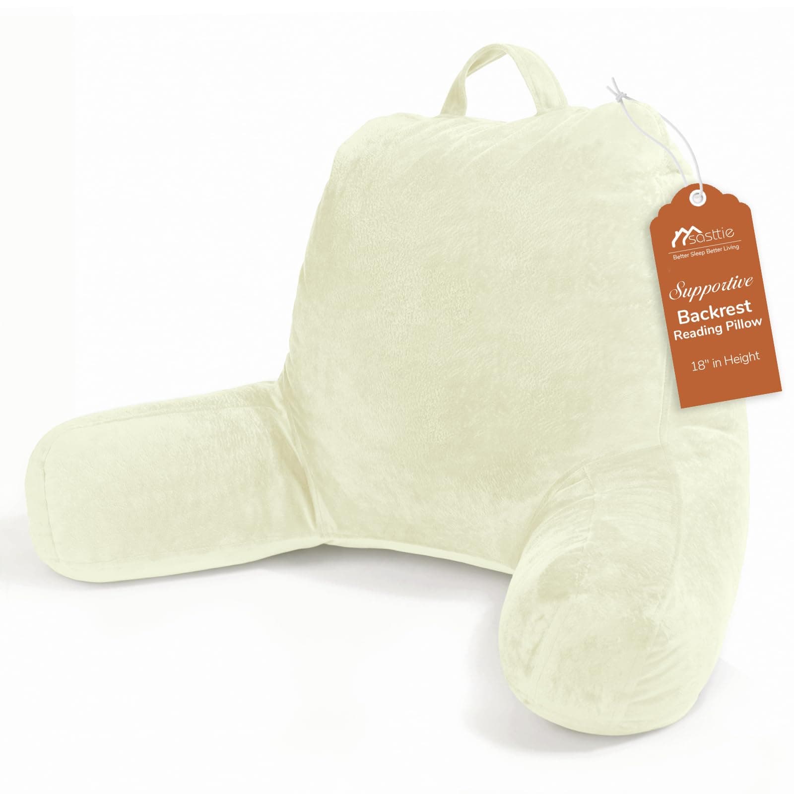 Sasttie Reading Pillow for Bed, Velvet Back Pillow for Bed Sitting Up, Back-Rest Support Cushion with Arms for Sitting Up on Couch, Sofa, and Floor, Dorm Essentials, Reading Accessories, Creamy White