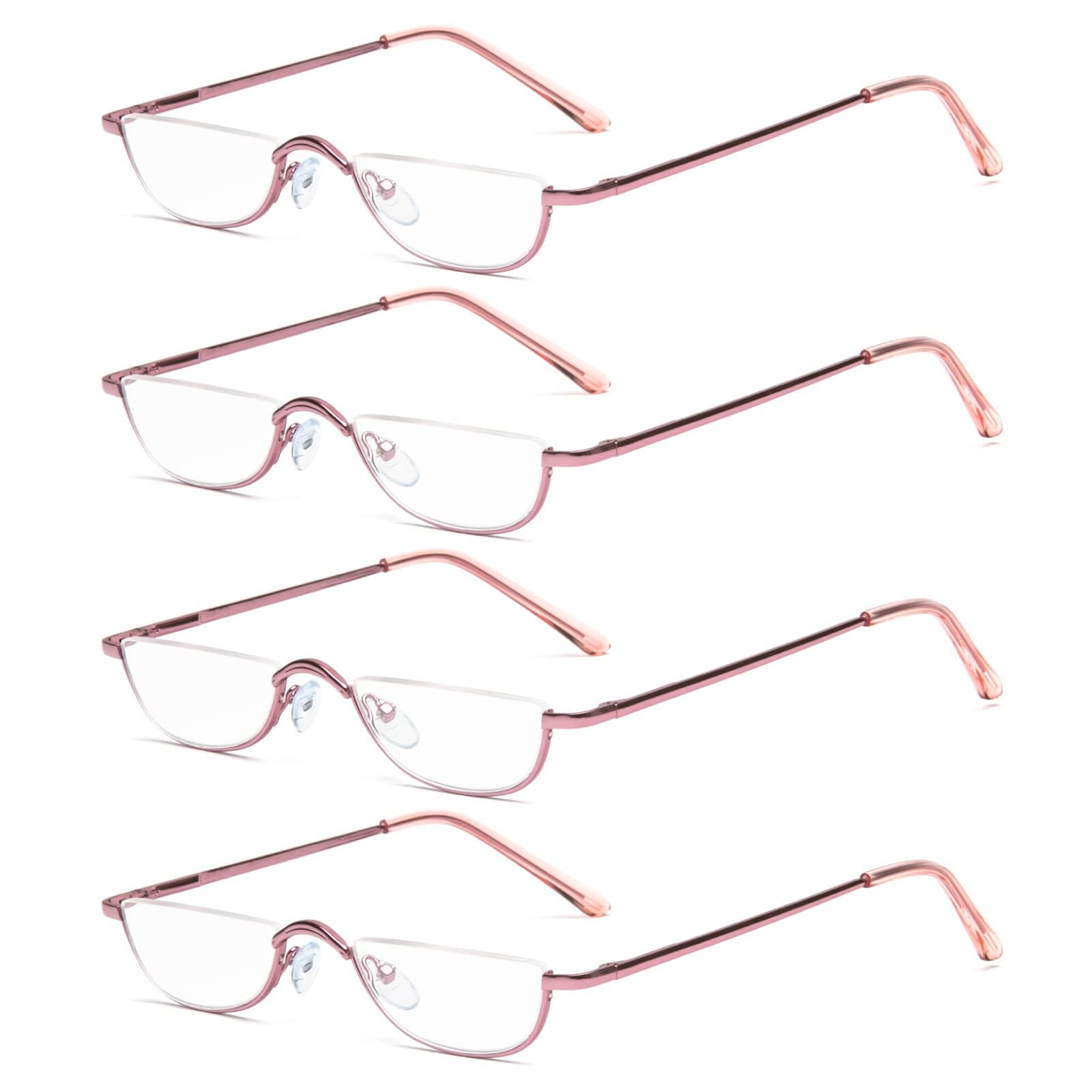 KoKoBin Half Reading Glasses,4 Pack Half Rim Metal Frame Glasses Spring Hinge Readers with Leather Pouch for Men and Women (Pink,3.00)