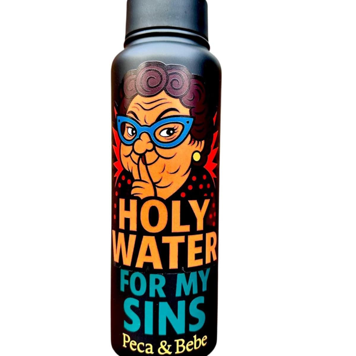 Peca & Bebe 40oz Funny Bilingual Water Bottle – “Agua Bendita Pa’ Mis Pecados/Holy Water for My Sins” – Double Wall Insulated Stainless Steel with Straw Lid