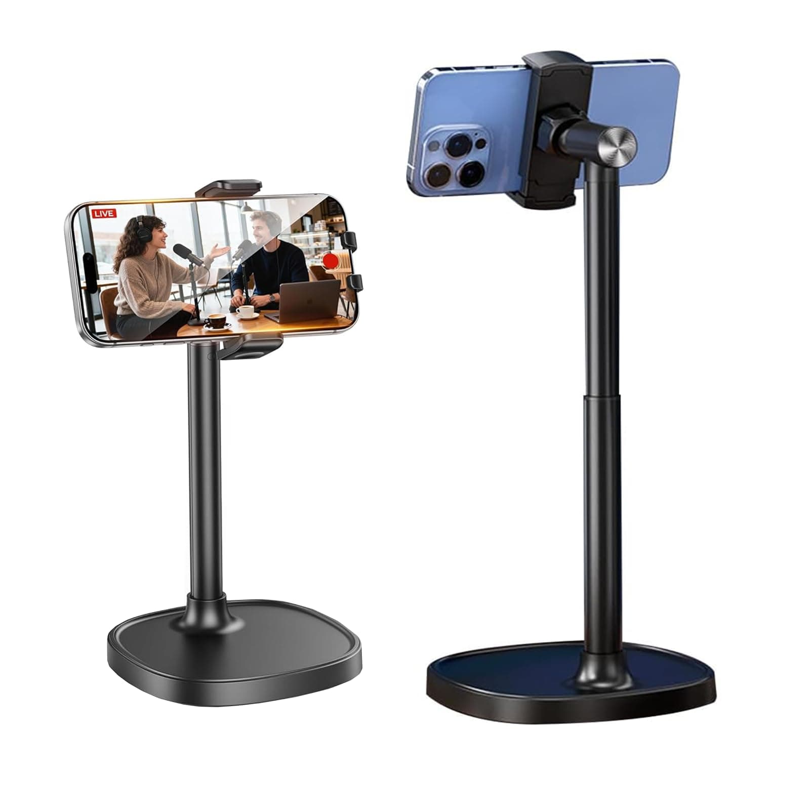 BONERUY Phone Stand for Desk, Angle Height Adjustable Phone Holder for Desk, Universal iPhone Holder, Retractable Cell Phone Stand Recording (Black)