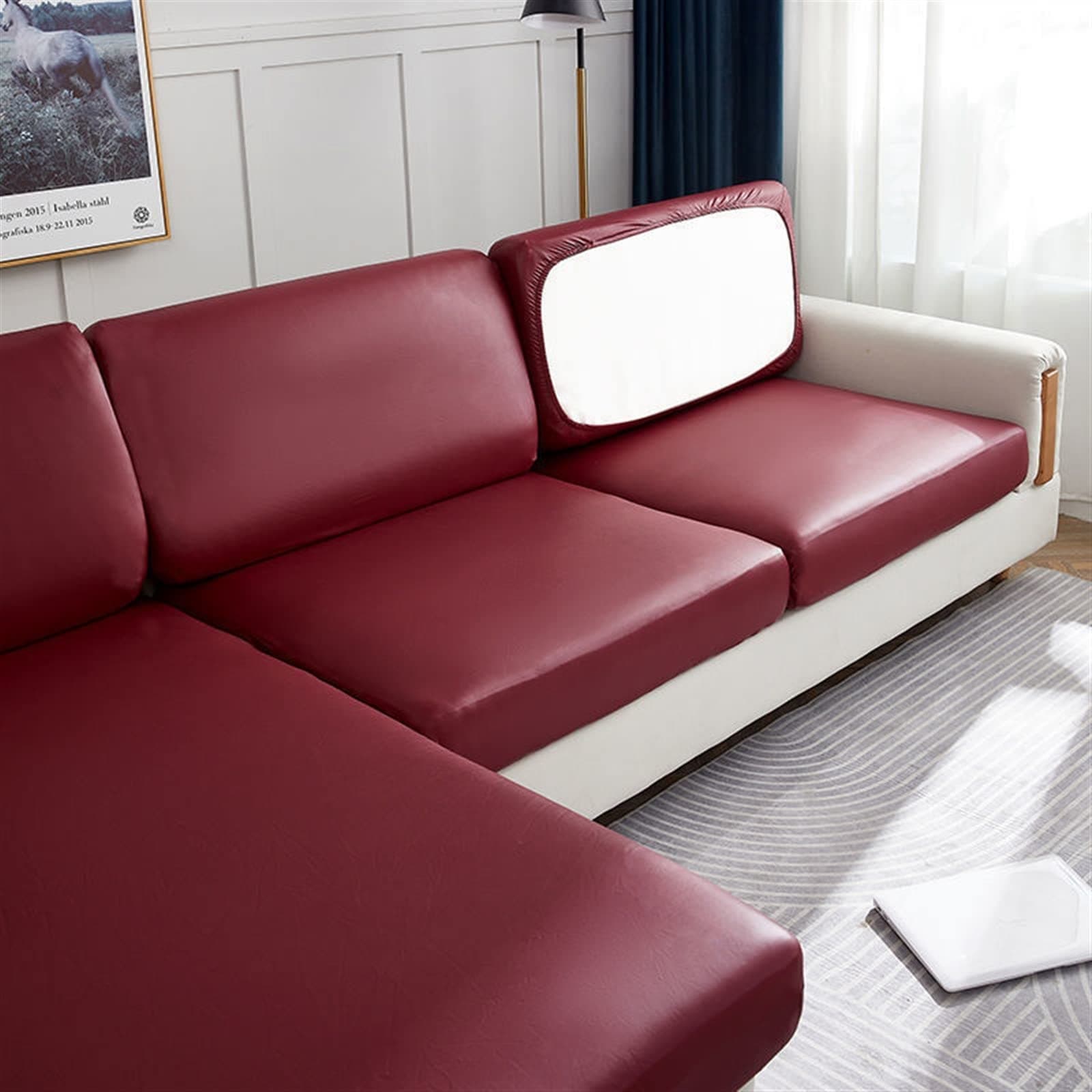 BAMFY Couch Cover Pu Leather L Shaped Sofa Cover Slip Elastic Arm Chair Living Room Recliner Chair Covers for 1/2/3/4 Cushion Universal Furniture Protector(O,1 seat)
