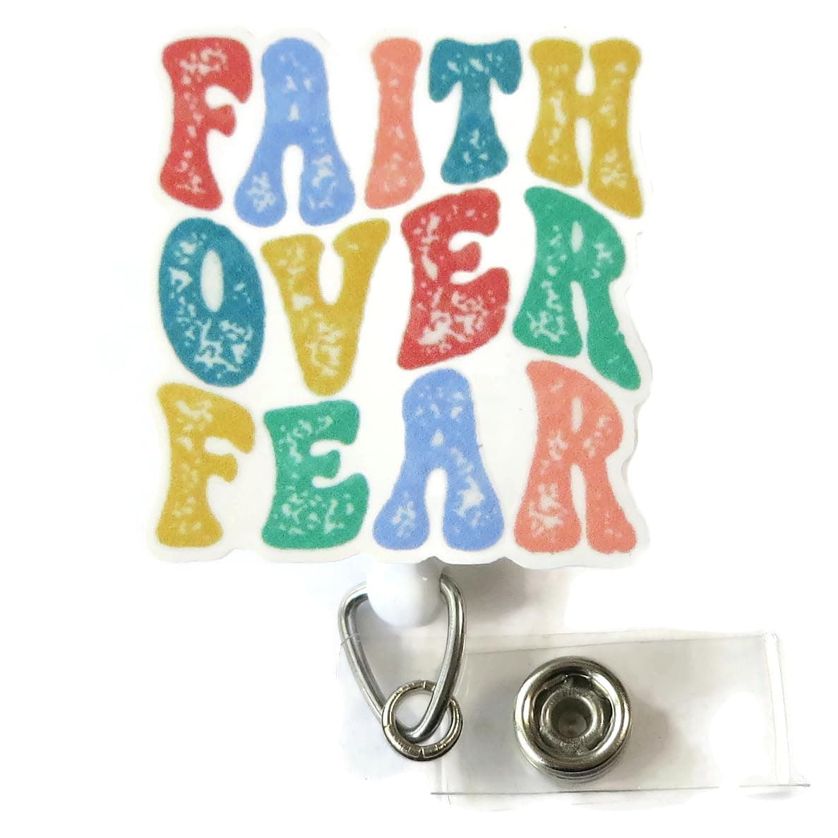 Faith Over Fear Badge Reel – Colorful Retro ID Badge Holder for Nurses, Teachers, Office Staff, Inspirational Work Accessory