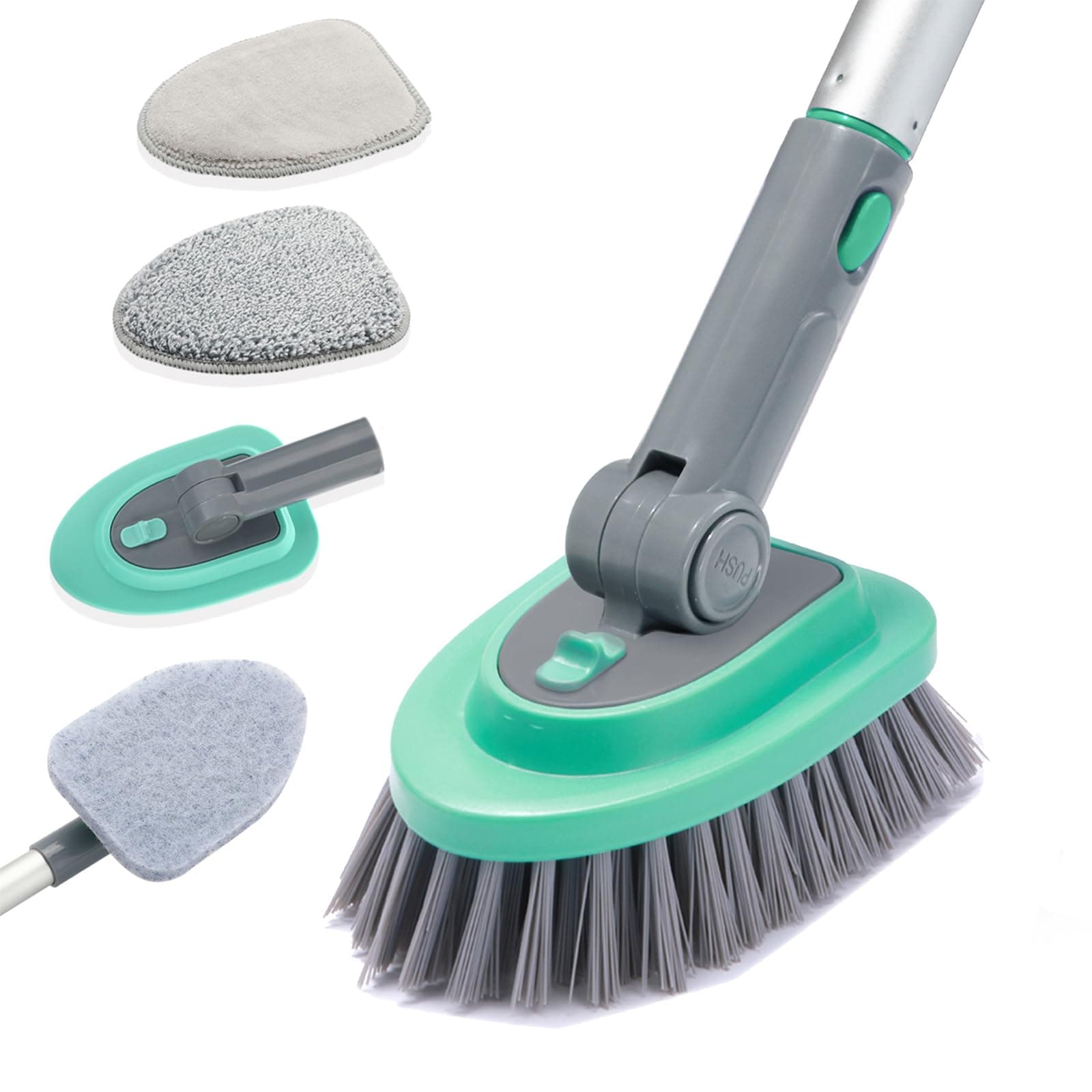 3 in 1 Tile Tub Shower Scrubber,Cleaning Brush with 58" Long Handle,Detachable Stiff Bristle Scrub Brush-3 Scouring Pads, 2 Brush Heads for Bathroom Kitchen Wall Tub Tile Sink (Green) (Green)