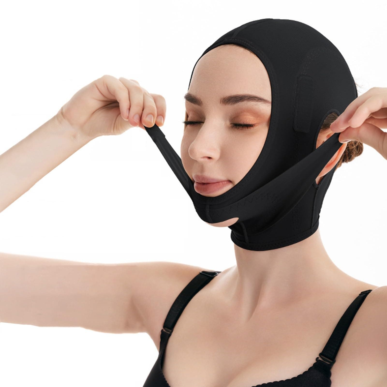 Face Slimming Chin Strap Lipo Compression Garment Post V-Line Lifting Mask,Face Toning Belt(Beige, Black)(Black,Large)