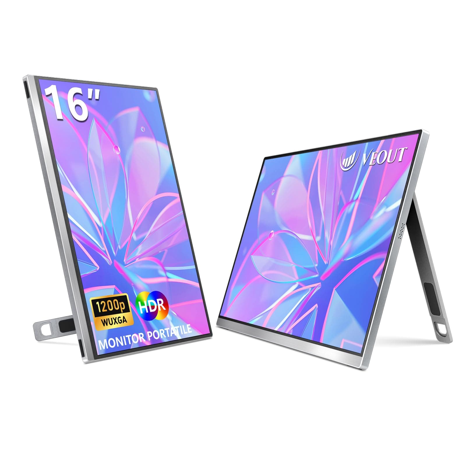 VEOUT 16" Portable Monitor with Built-in Stand, Vertical Monitor, USB-C & Mini HDMI External Laptop Screen, Second Display for PC, MacBook, iPad, Phone, Travel & Office
