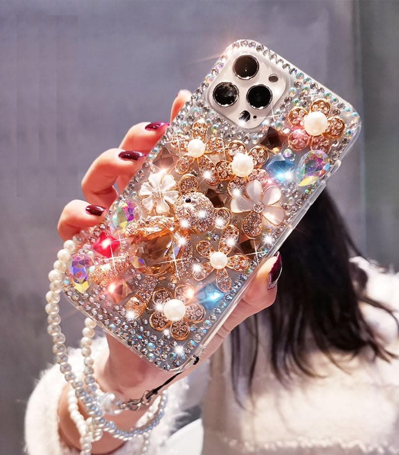 LXXZBC for Samsung Galaxy A07 Diamond Case Luxury for Women Girls Kids Design Handmade Glitter Bling Rhinestone 3D Flower Pearl Pretty Phone Cover with Pearl Wrist Strap
