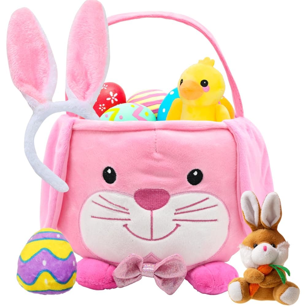 Plush Easter Bunny Basket, Long Rabbit Ears Easter Basket with Duck Keychains for Kids Egg Hunting Bags Personalized Bunny Easter Tote Bags for Easter Decorations ,Candy Gifts Storage