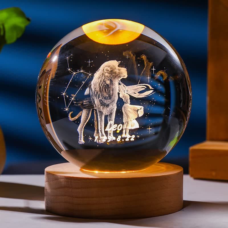 Besot Laser Engraved Zodiac Sign Crystal Ball Miniature 3D Crystal Craft Decoration Glass Sphere Home Decoration Accessories Gift (Leo, 3.15 Inches)