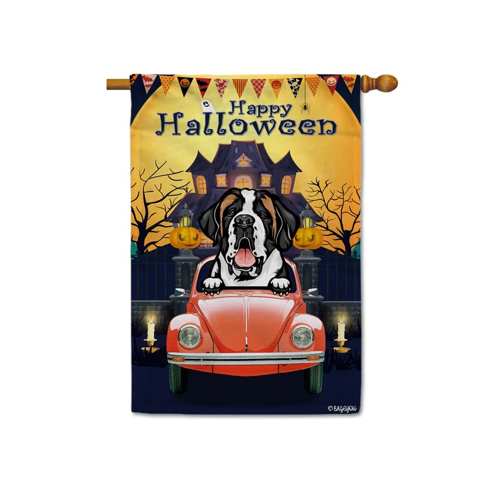 MALIHONG Happy Halloween House Flag Cute Dog Rat Terrier with Pumpkin Lantern Ghost Banner for Outdoor Home Decor 28x40 Inch Print Double Sides