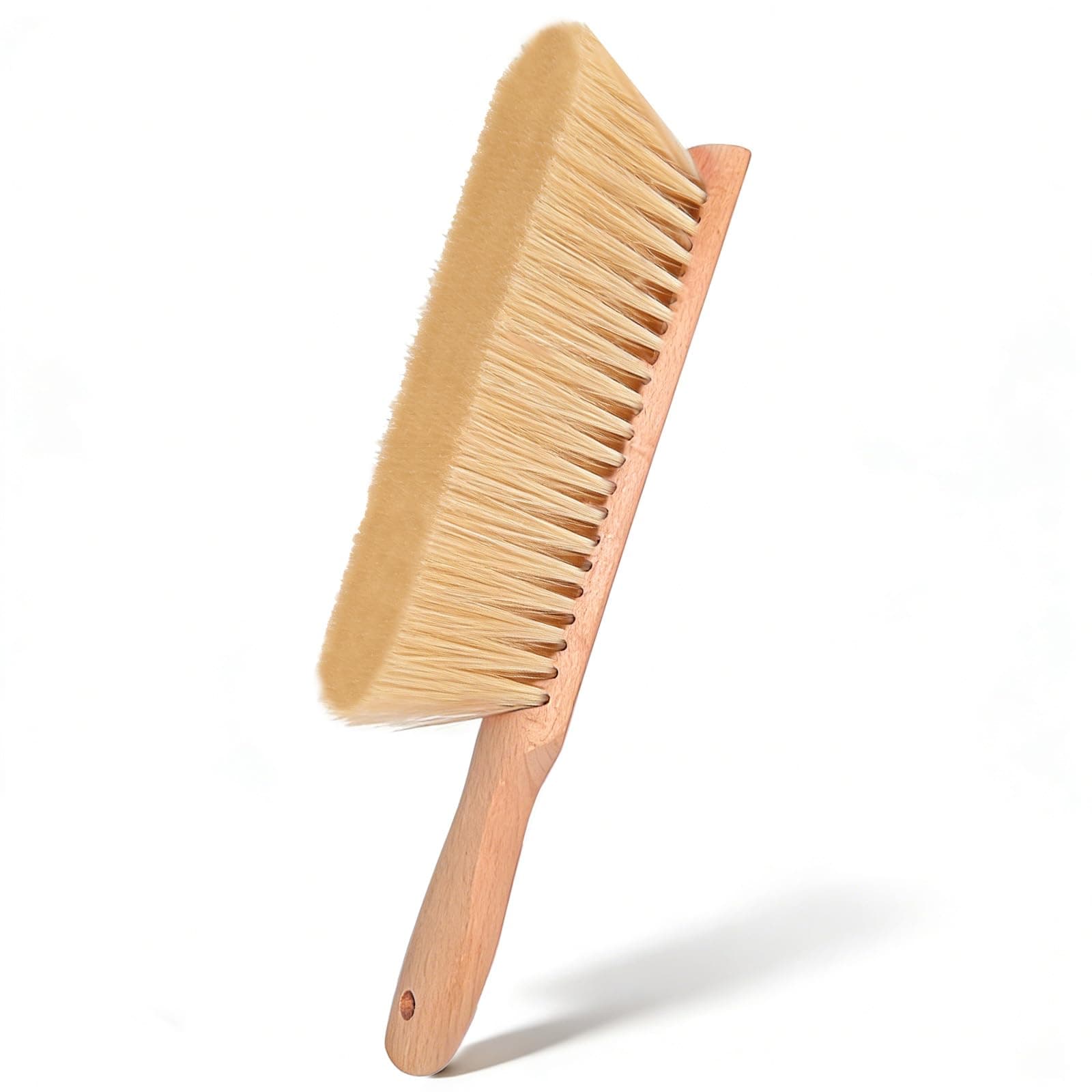 1 Pieces Woooden Hand Whisk Broom Dust Brush with Wood Handle Soft Bristle Bench Brush Household Cleaning Brush for Counter Bed Sofa Car Fireplace Clothes (Beige-Square Handle)
