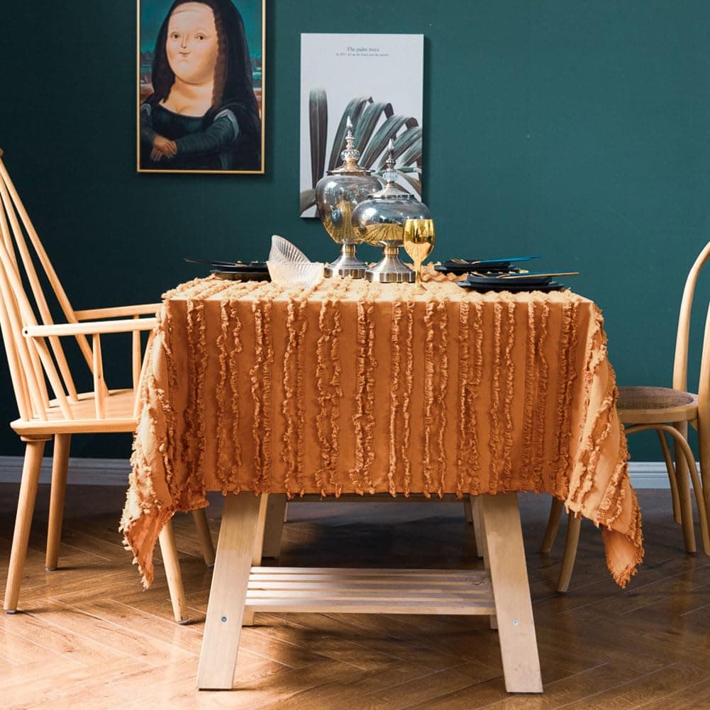 vctops Boho Cotton Linen Tablecloth Striped Jacquard Pattern Table Cover for Kitchen Dinning Farmhouse Tabletop Decoration (Mustard Yellow, 59"x59")
