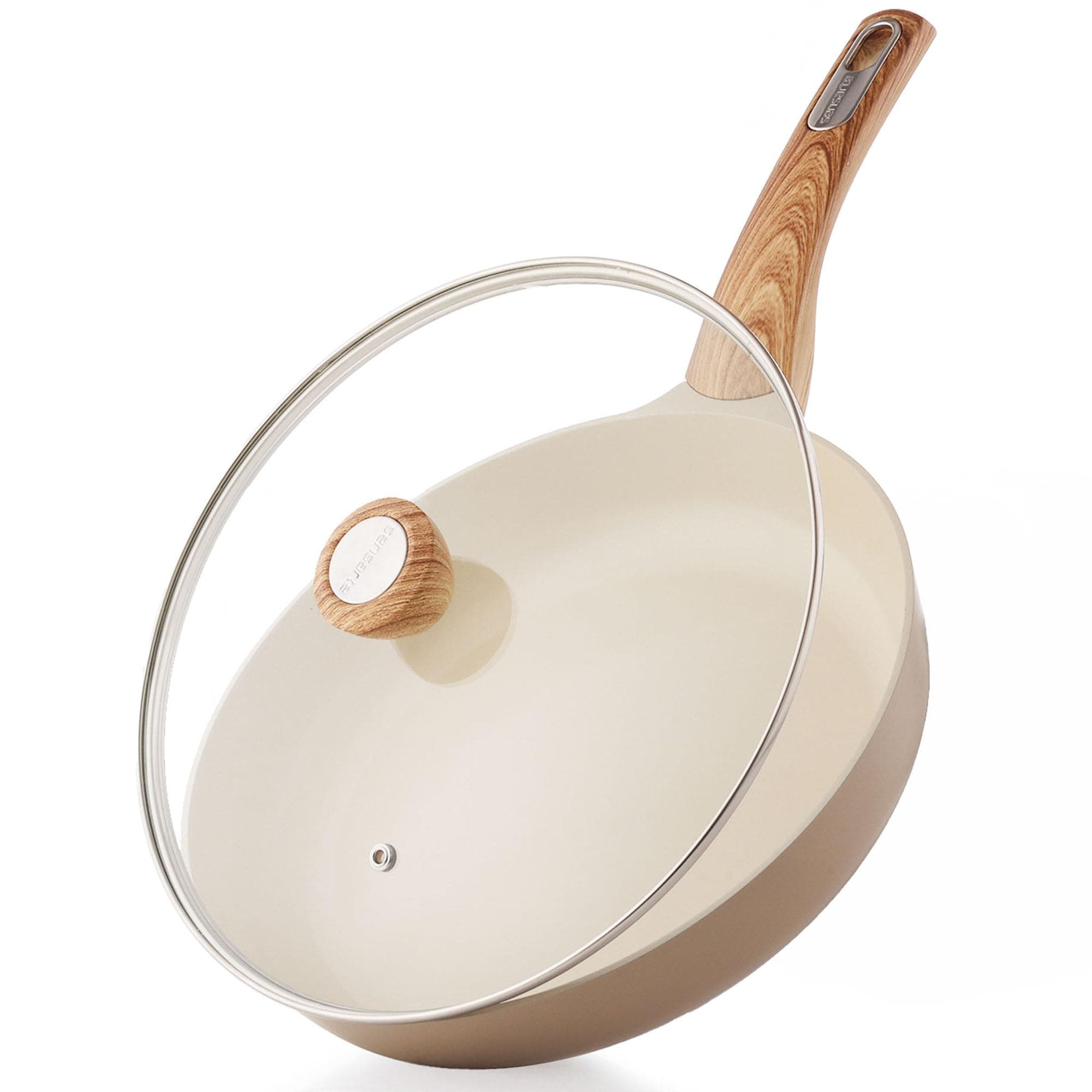 SENSARTE Ceramic Nonstick 9.5 Inch Taupe Frying Pan with Tempered Glass Lid