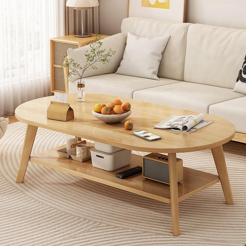 Oval Wooden Living Room Coffee Table, Modern Side Table with Double Storage for Living Room, Bedroom or Office.(Natural,39.4x19.7x17.7)